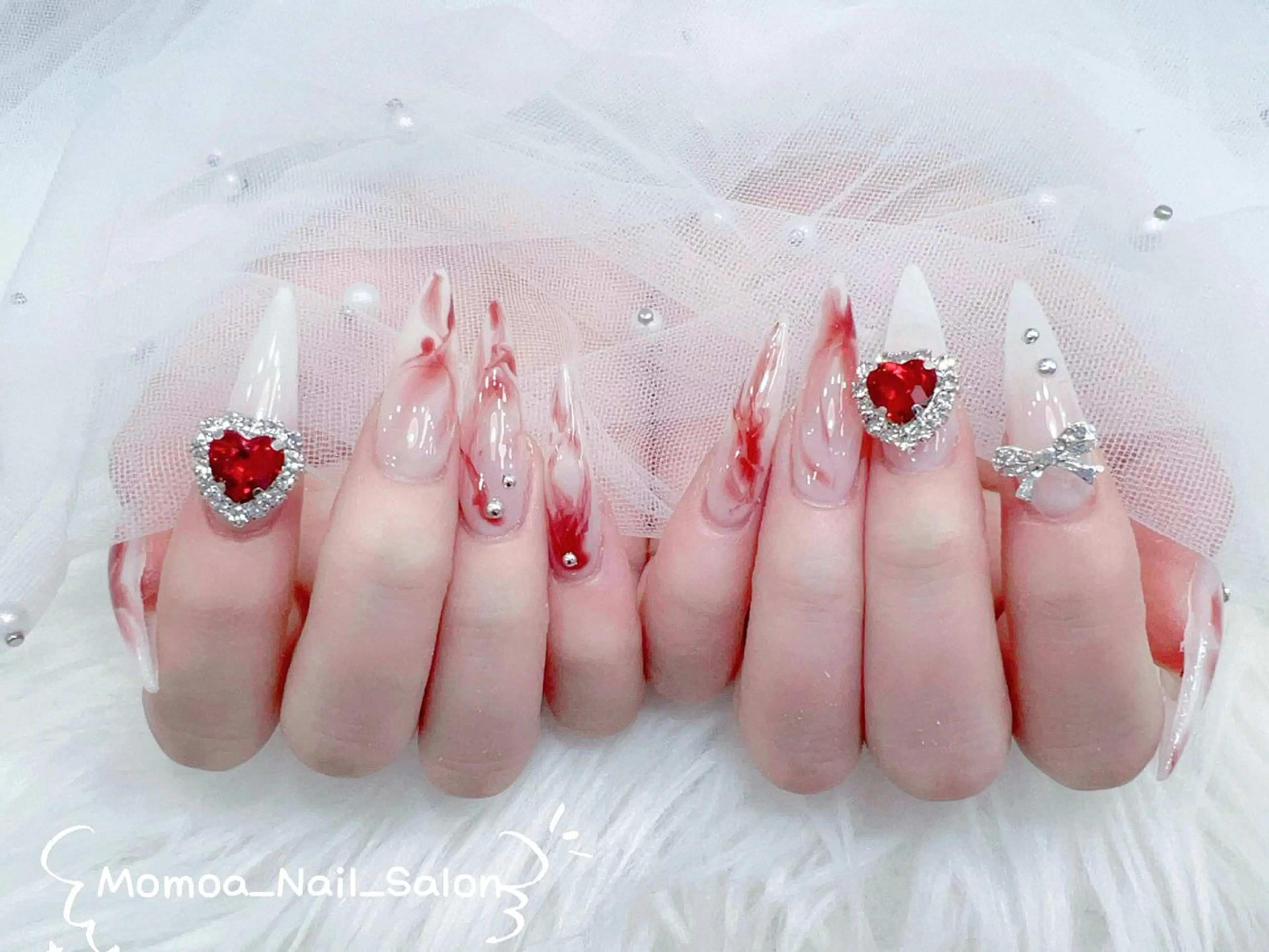 ネイル 成人式 ロングネイル マグネットネイル 大理石ネイル(マーブル) 持ち込み ハンドネイル MoMoA Nail ネイル長さ出し専門店のネイルデザイン