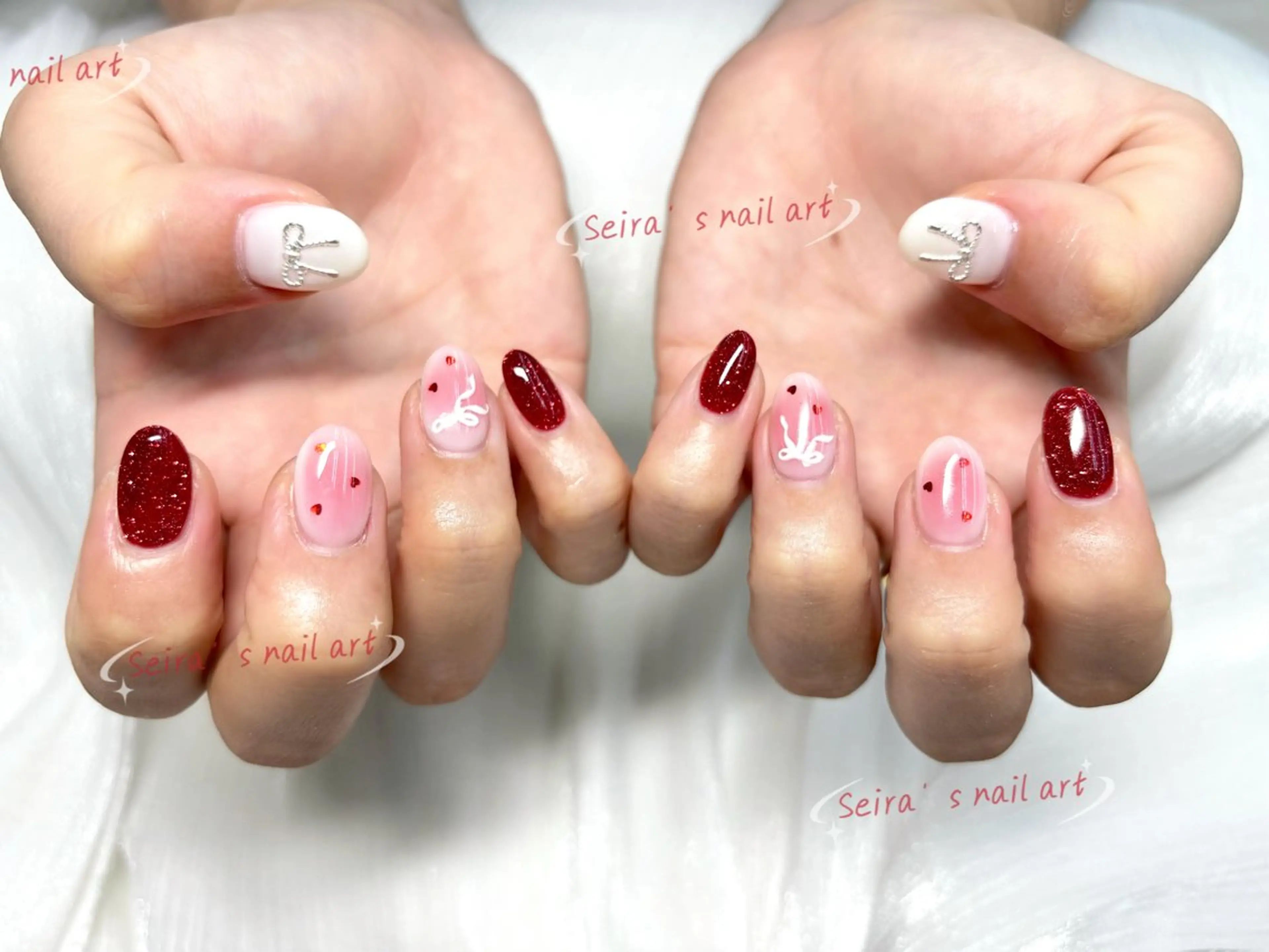 ネイル チークネイル ラメ(グリッター) 赤色 ハンドネイル Seira ʕ•ᴥ•ʔのネイルデザイン