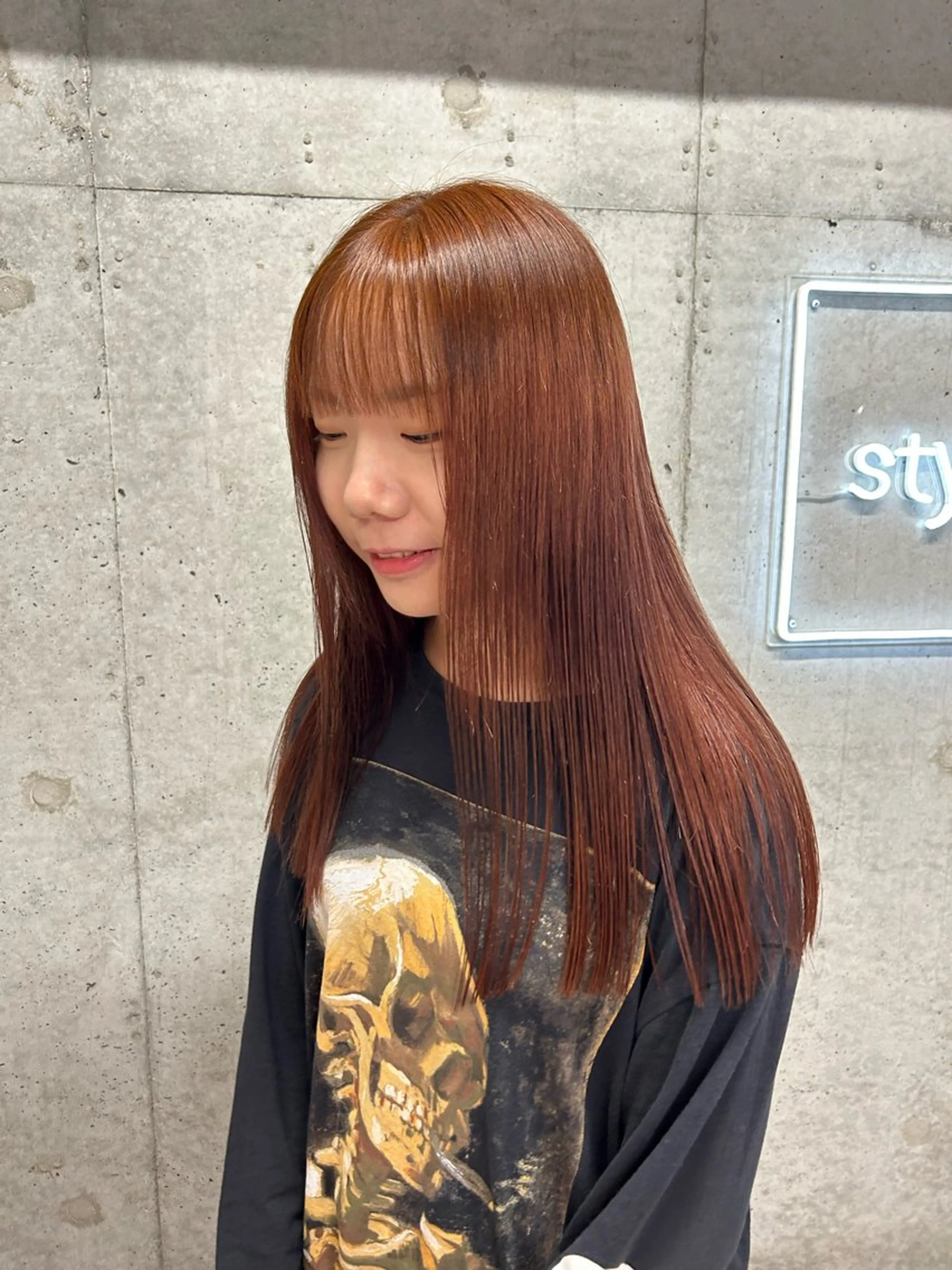 セミロング カラー ブリーチ ブラウンカラー ブリーチなしカラー オレンジ オレンジブラウン hina💟 透明感カラーのヘアスタイル