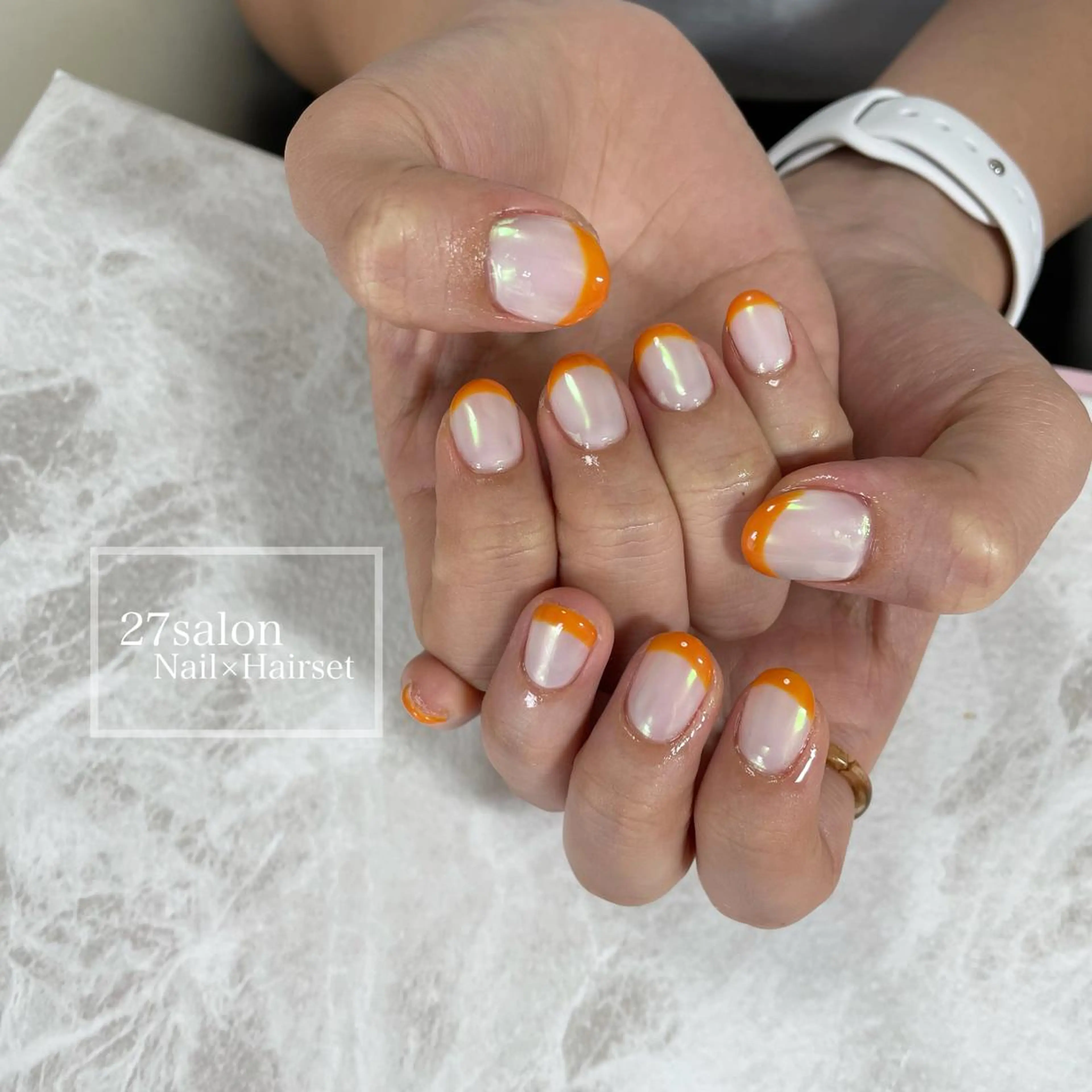 ネイル オーロラネイル フレンチネイル オレンジ 27salon yuinaのネイルデザイン