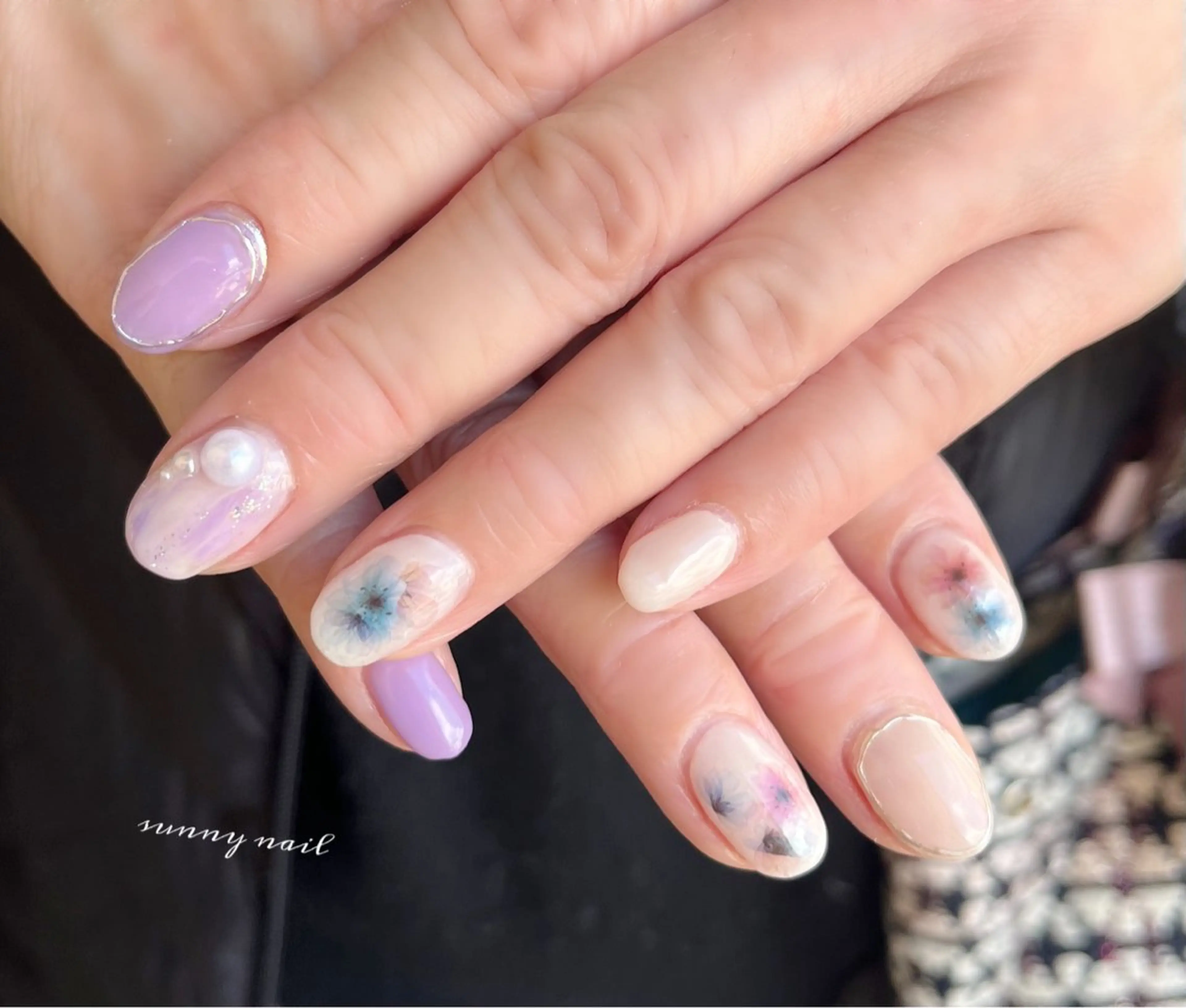 ネイル フラワーネイル ジェルネイル ミラーネイル パラジェル パープル sunny nailのネイルデザイン