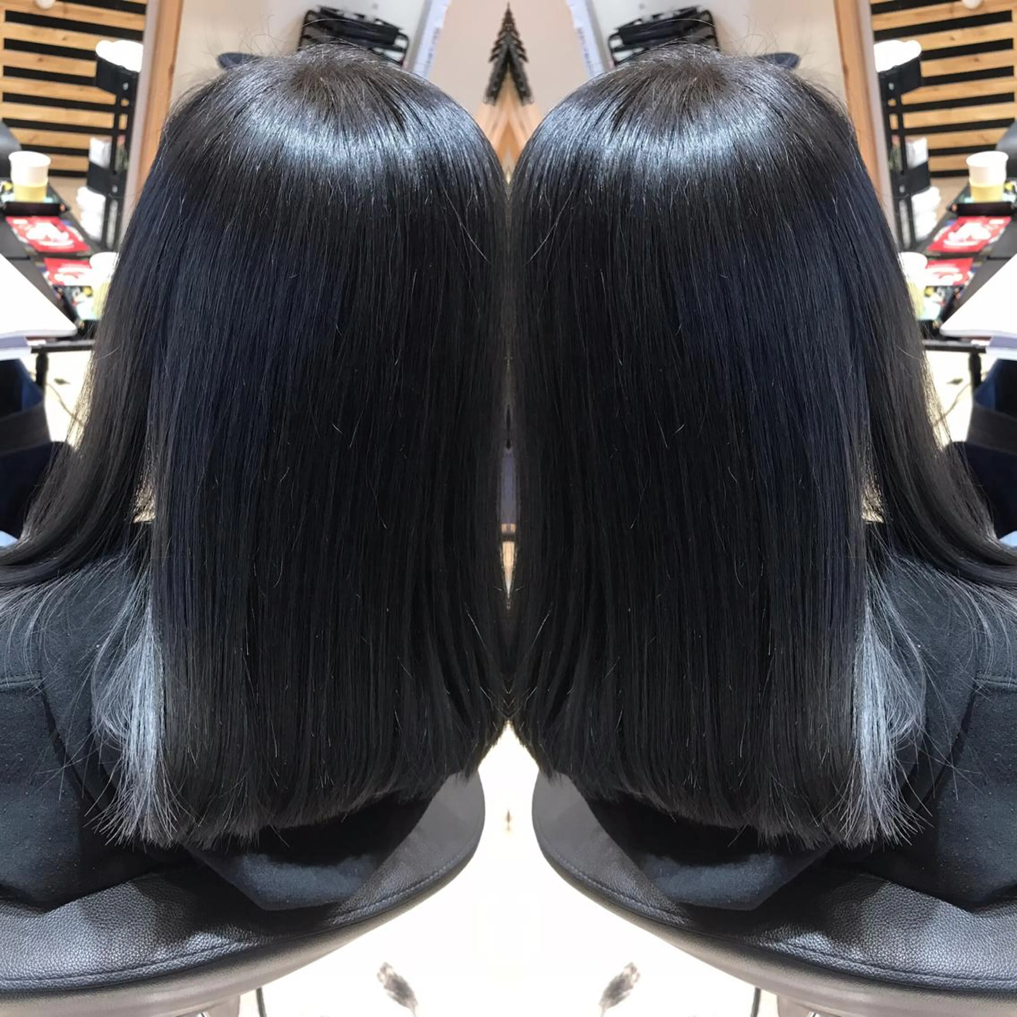 セミロング カラー 黒髪 ブルーカラー ブルーブラック ヘアカラー 大久保 隆蔵のヘアスタイル