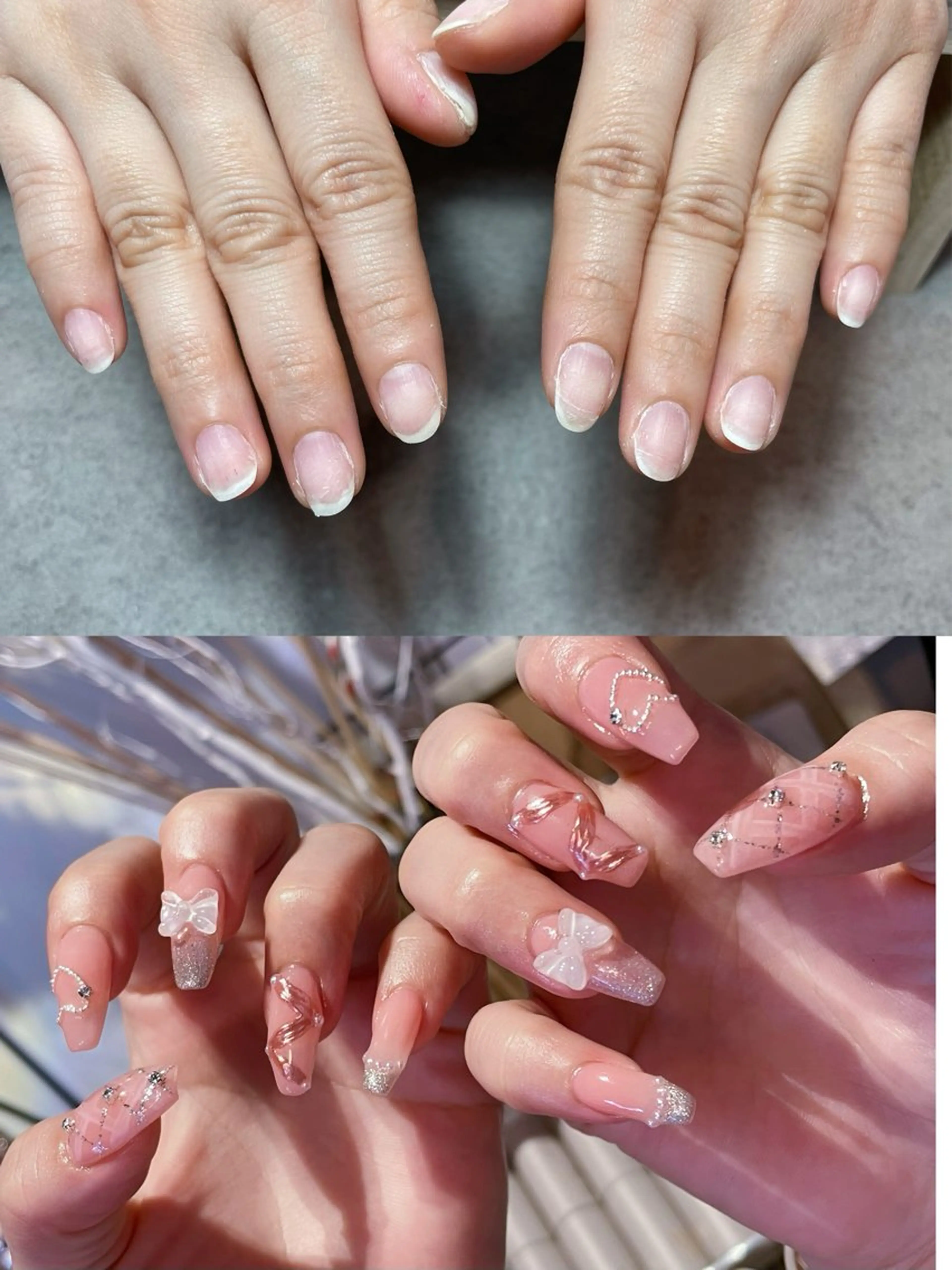 ネイル 長さ出し キラキラネイル ミラーネイル ピンク リボン ハンドネイル 南野 由希のネイルデザイン