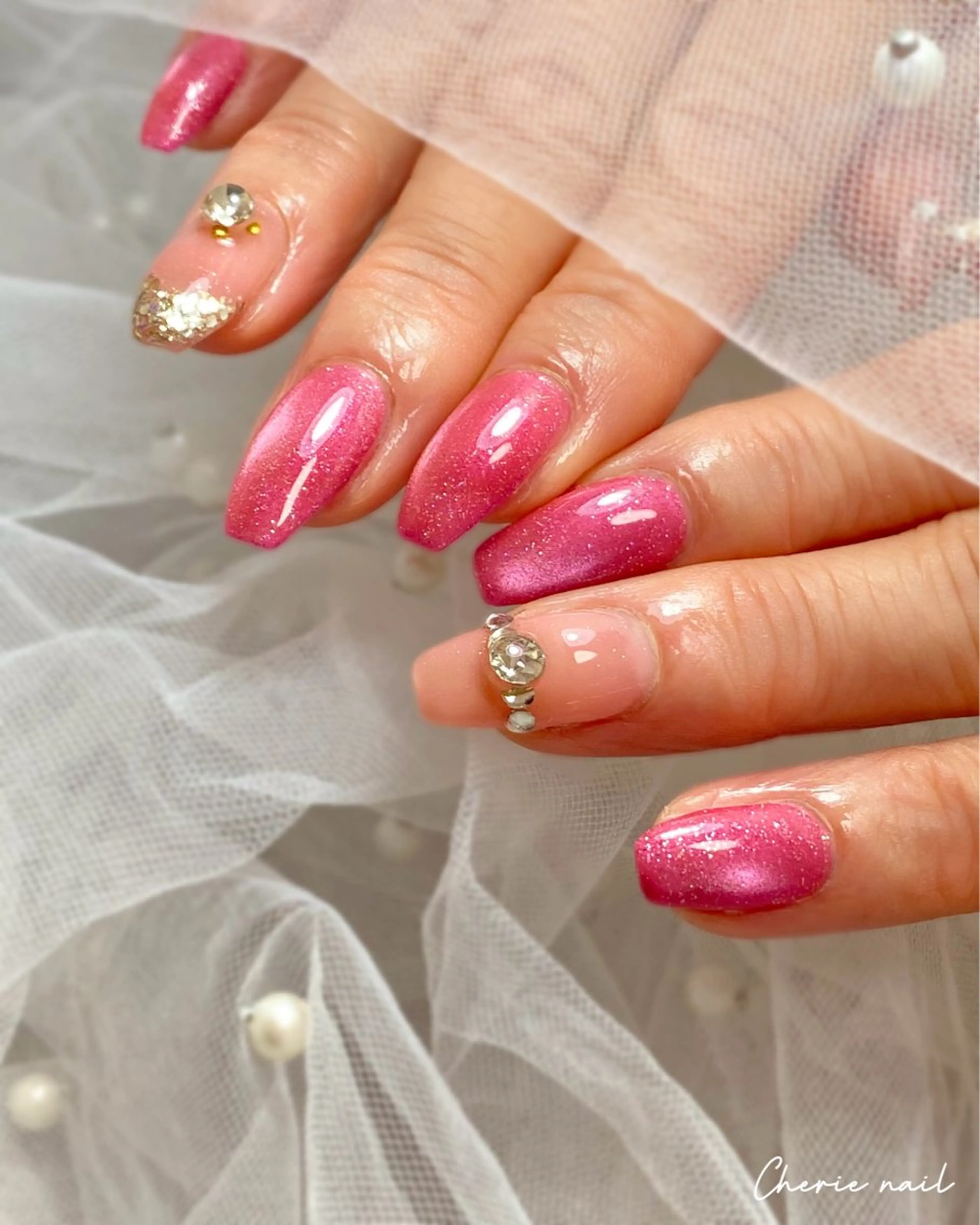 ネイル フレンチネイル ジェルネイル マグネットネイル ピンク 春ネイル ハンドネイル Cherienail yunaのネイルデザイン