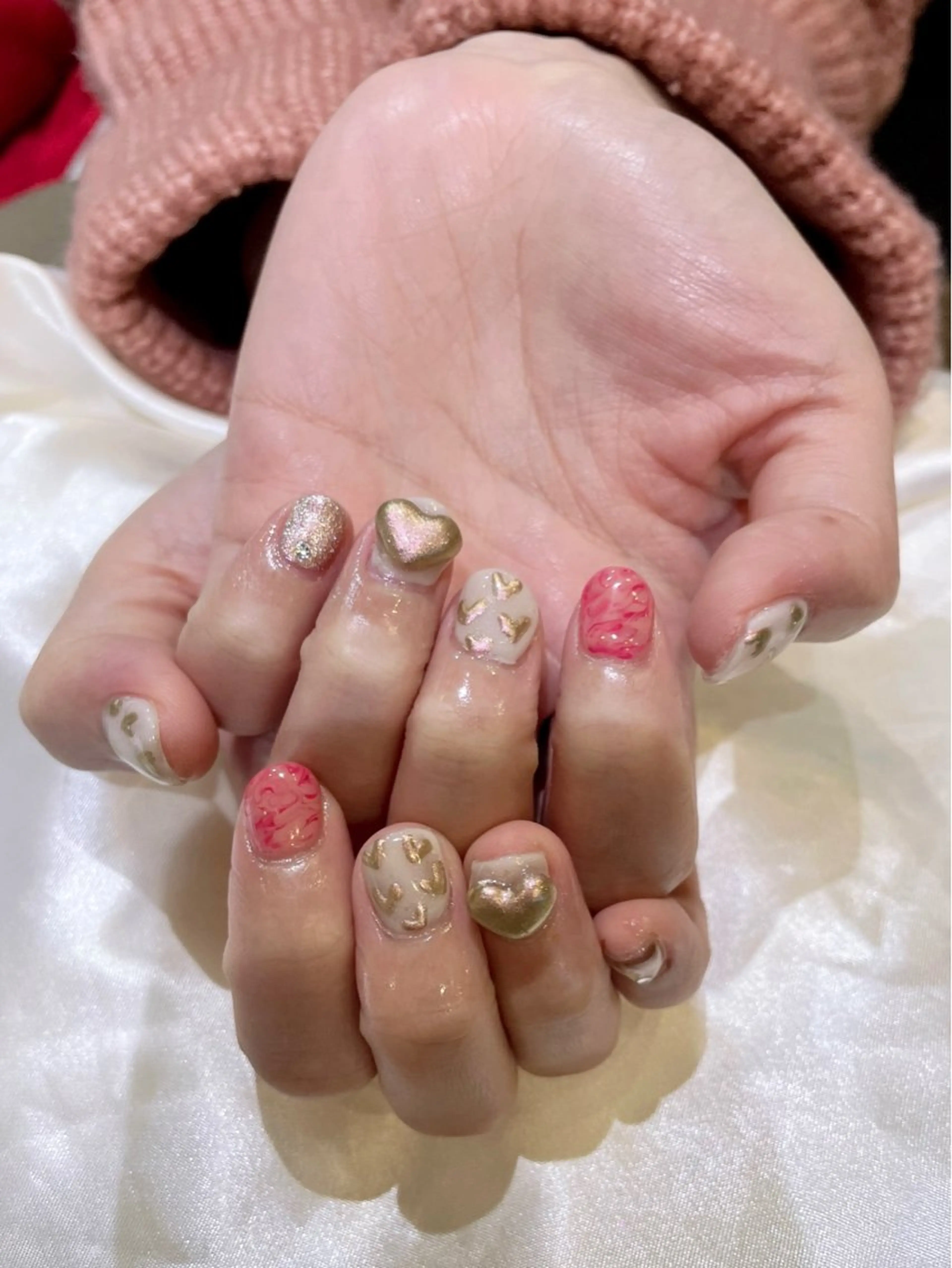 ネイル ハート 大理石ネイル(マーブル) ミラーネイル ピンク jujur HARUKA🌸のネイルデザイン