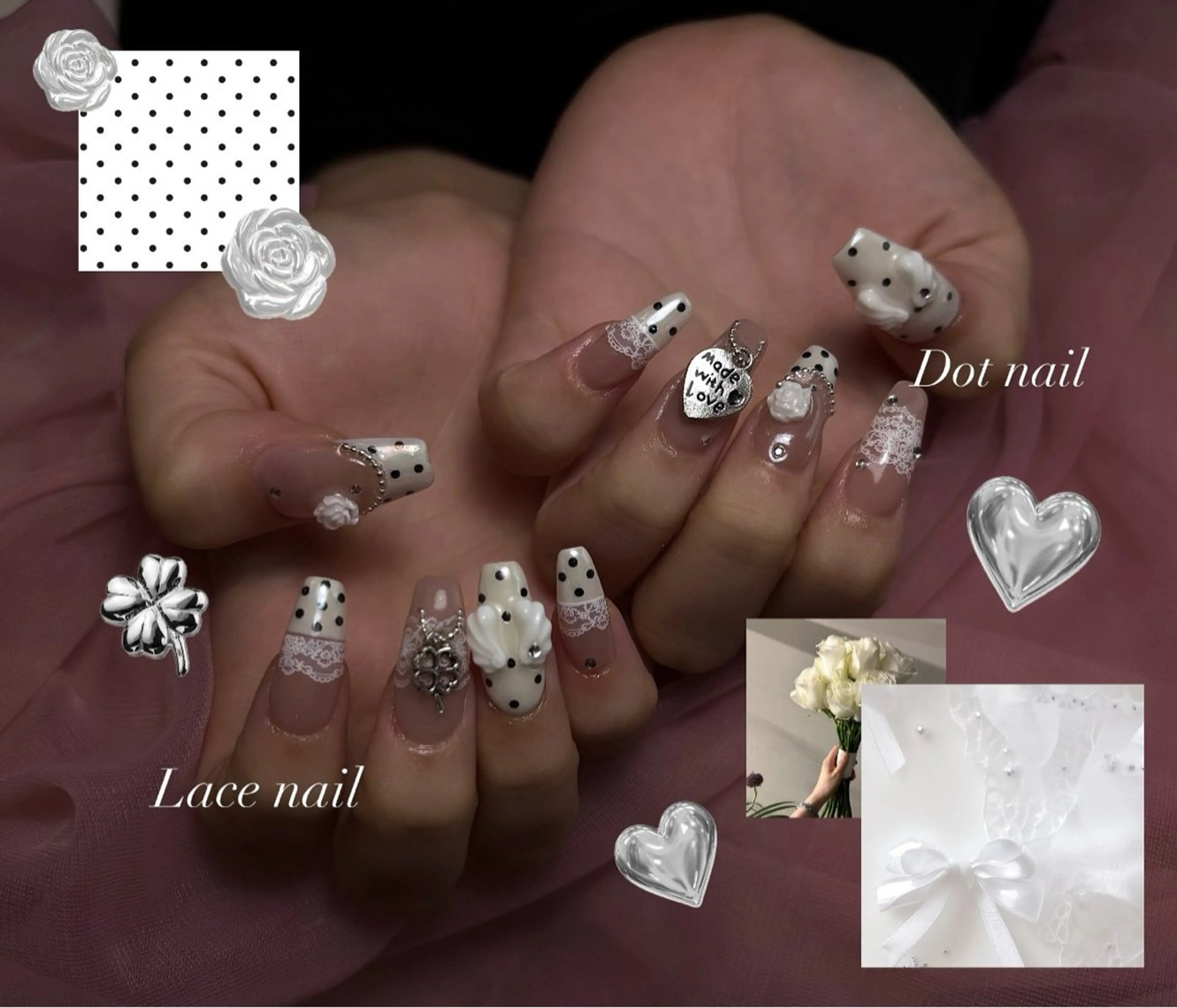 ネイル ドット フラワーネイル ハート 韓国ネイル レース ハンドネイル 𝐁𝐞𝐥𝐥 𝐦𝐞のネイルデザイン