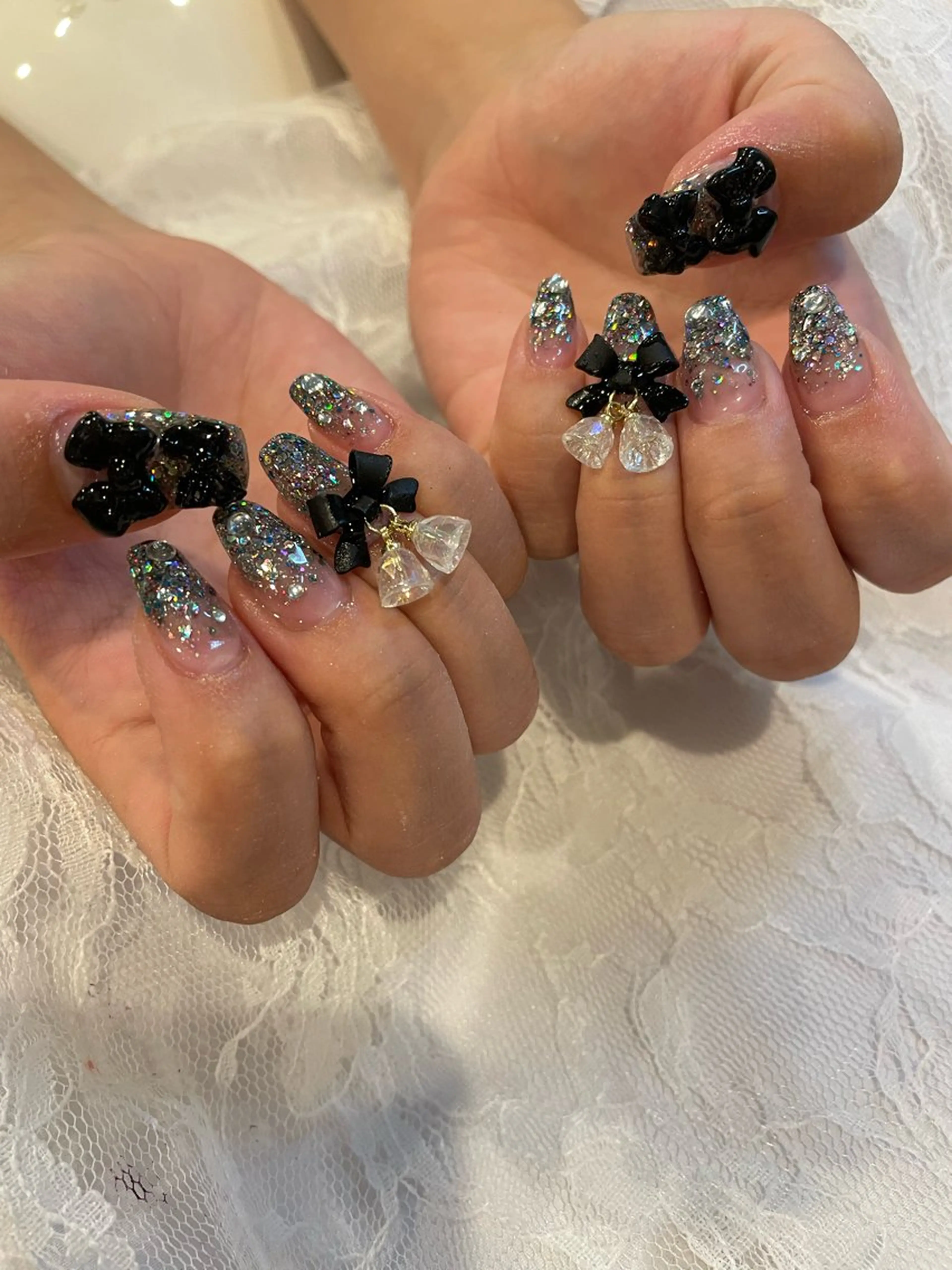 ネイル グラデーション ラメ(グリッター) ラメグラデーション 持ち込み リボン ハンドネイル Mynail MIZUNOのネイルデザイン