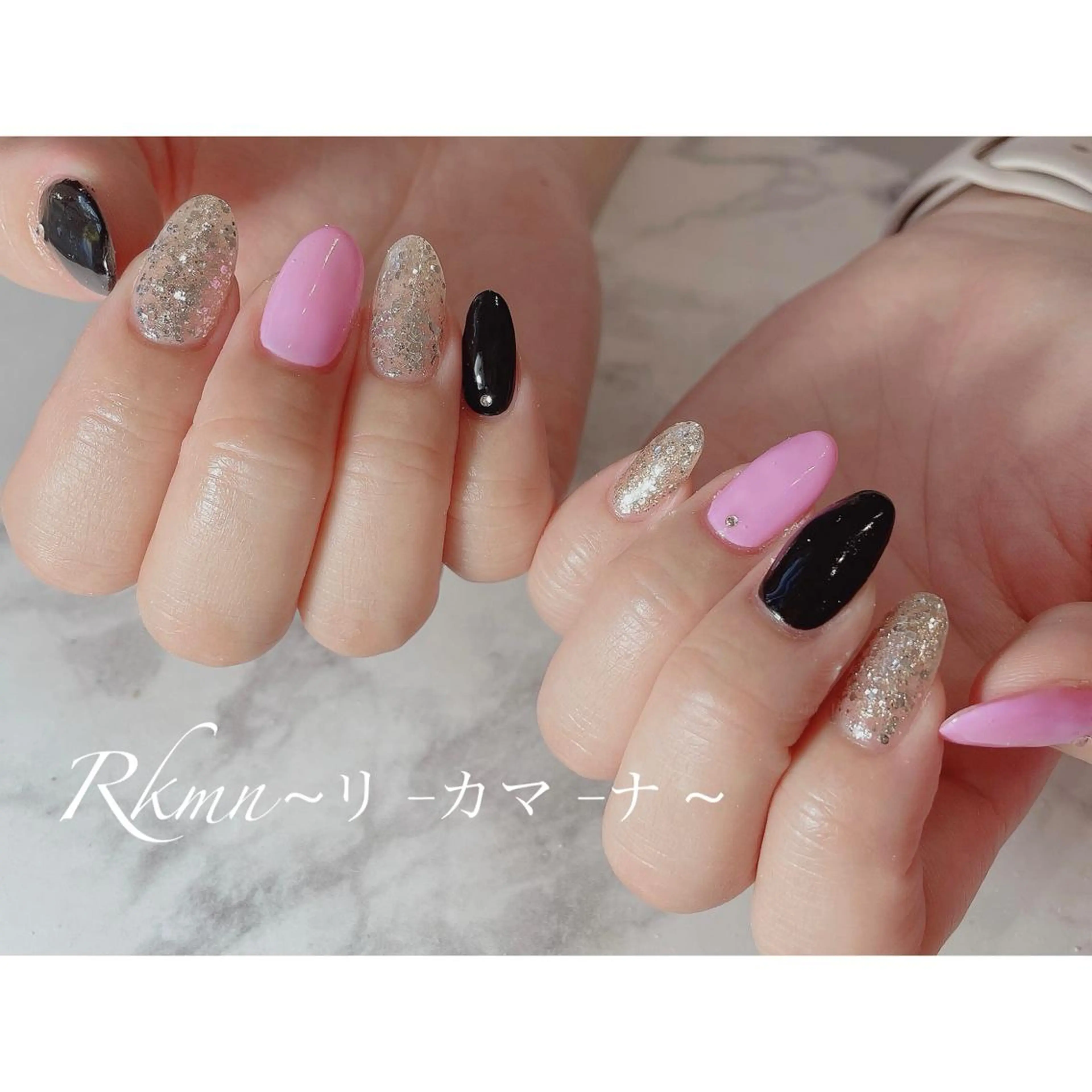 ネイル アートネイル キラキラネイル ラメ(グリッター) ピンク 春ネイル ハンドネイル フットネイル ハンドケア Rkmn ~リ-カマ-ナ~のネイルデザイン