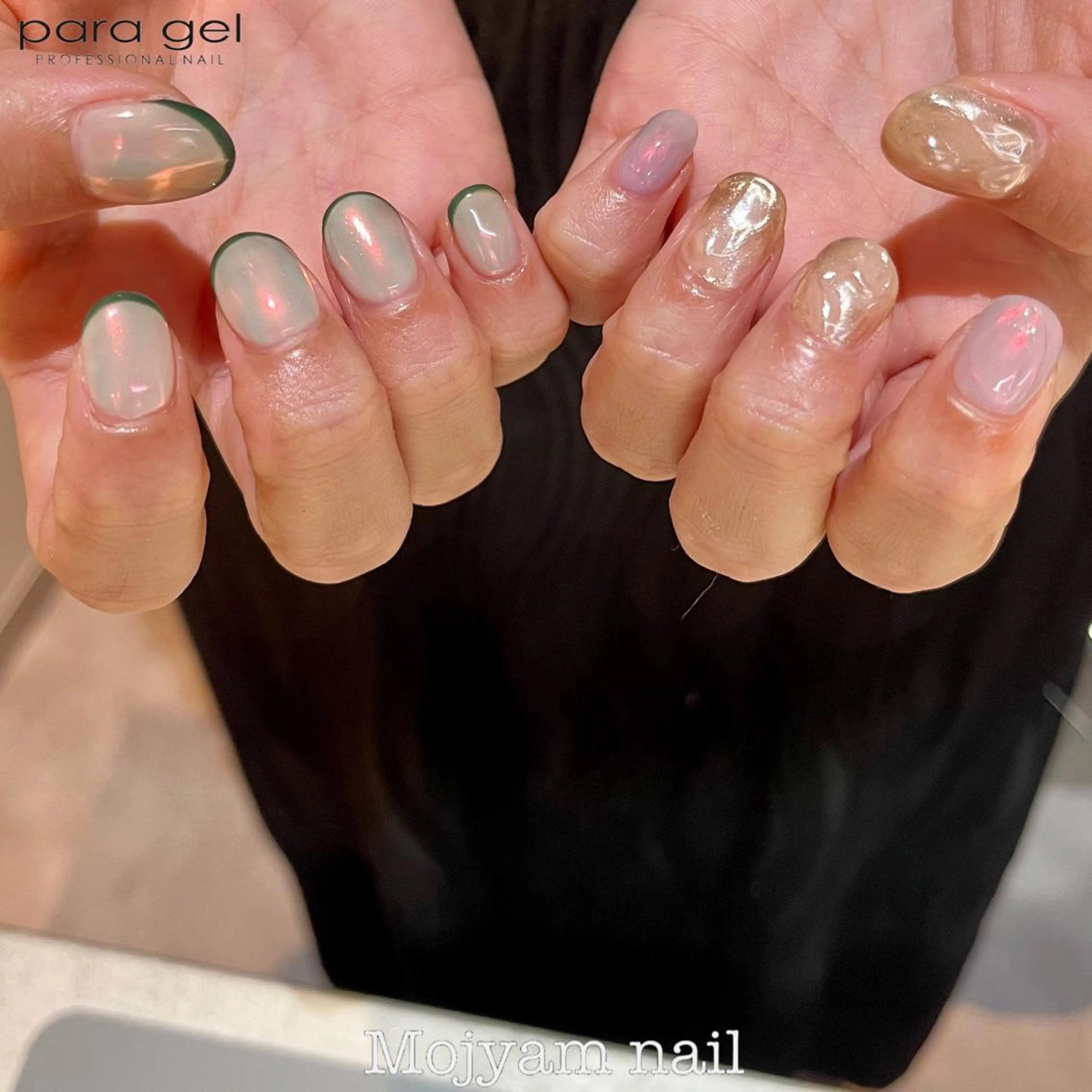 ネイル オーロラネイル フレンチネイル ゴールド シンプルネイル ハンドネイル Mojyam nail所属・松本 実咲のネイルデザイン