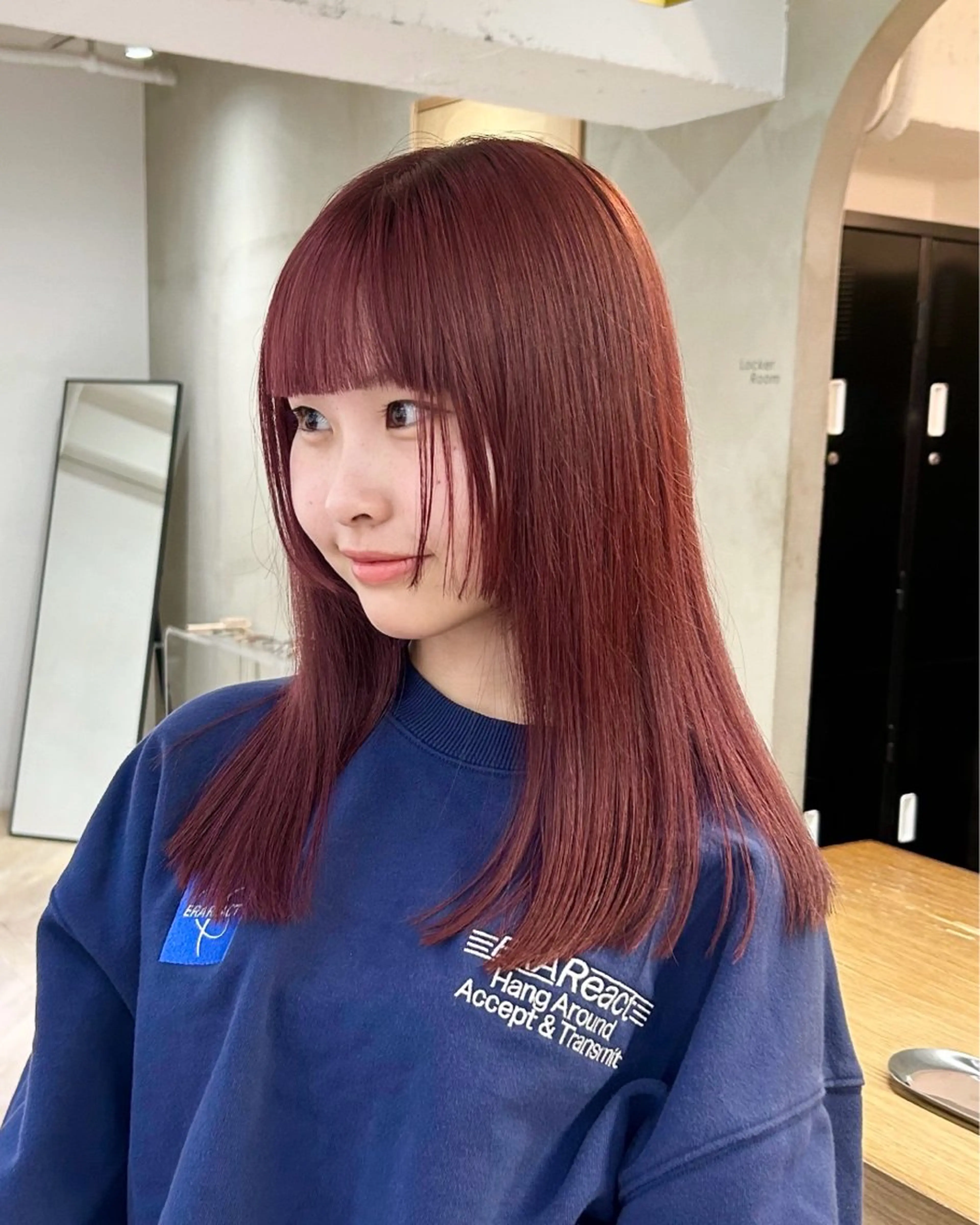 ロング カラー ブリーチ レッドカラー 顔周りカット 姫カット レイヤーカット/栄/ 顔周り/キトウモエノのヘアスタイル