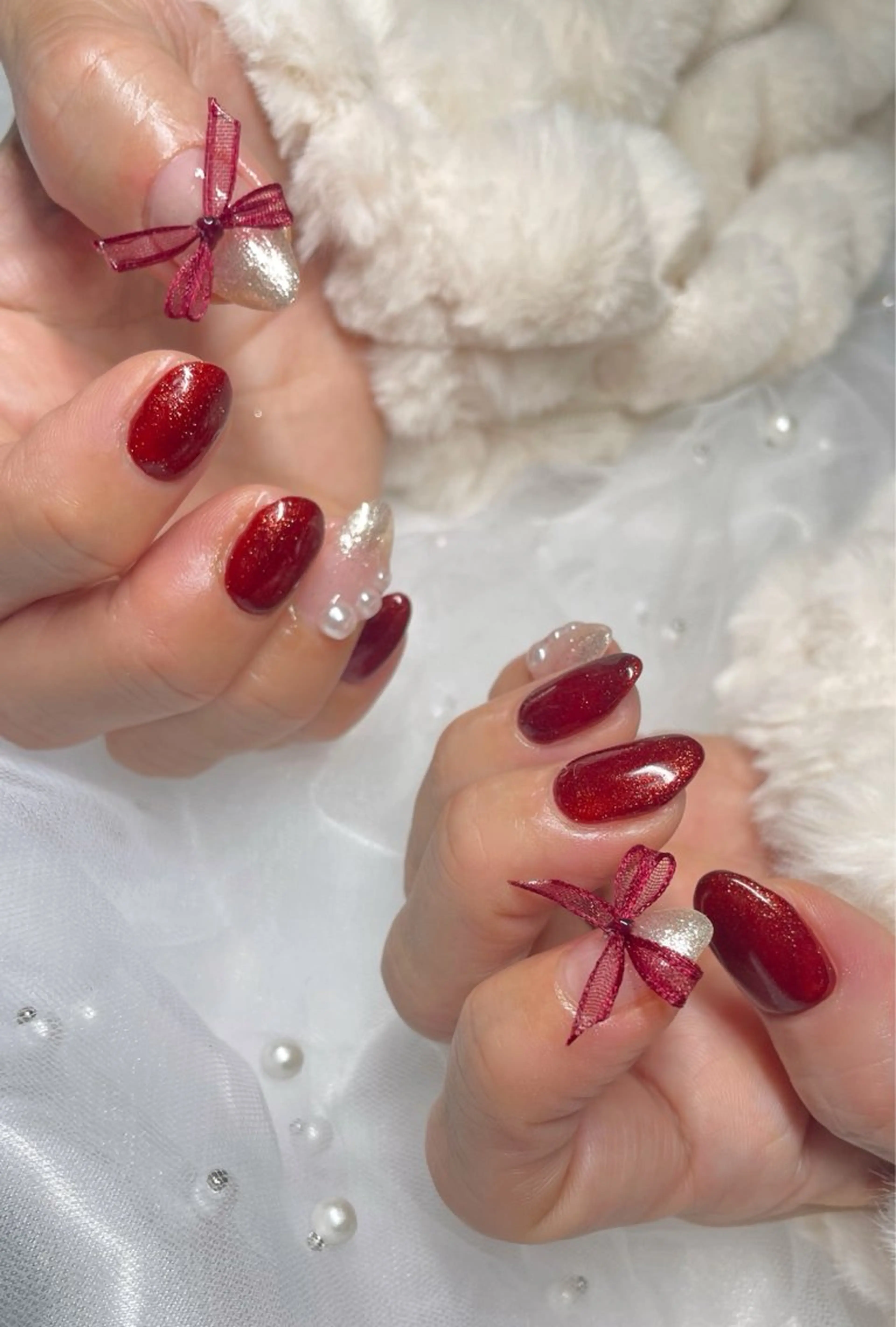 ネイル リボン 冬ネイル クリスマス 東大阪マツエクネイル reiのマツエク・マツパデザイン