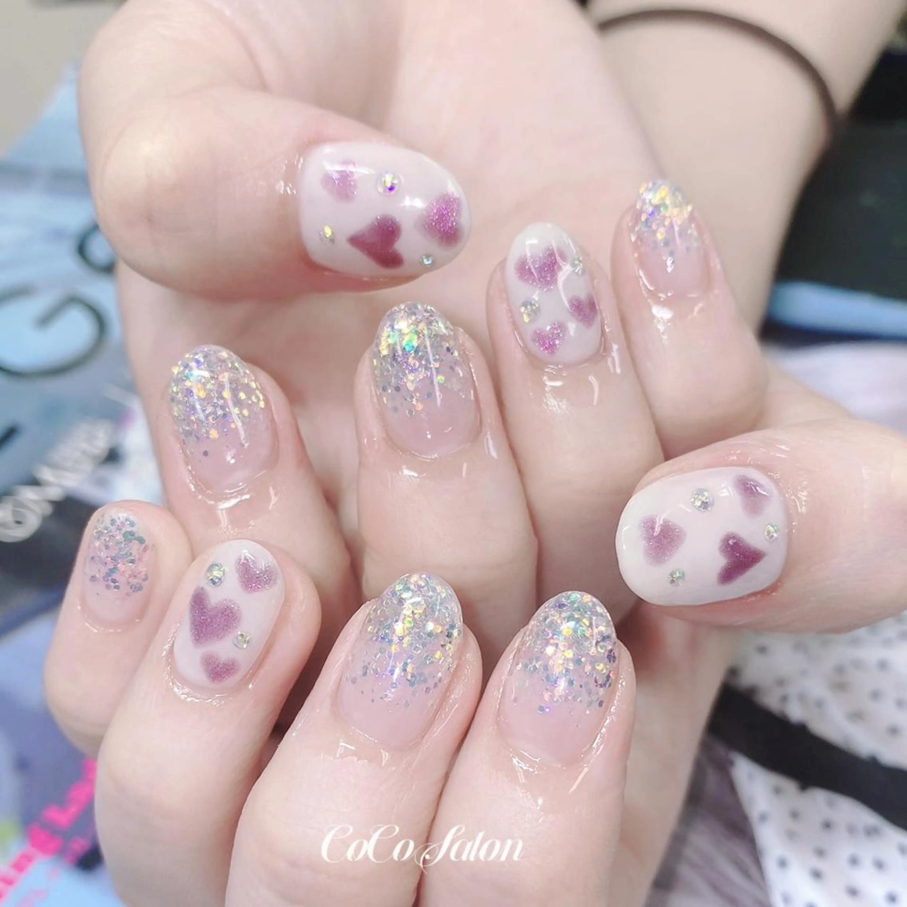 ネイル 長さ出し ジェルネイル グラデーション ハート ホログラムネイル ハンドネイル CoCoSalon ネイル/まつ毛予約のネイルデザイン