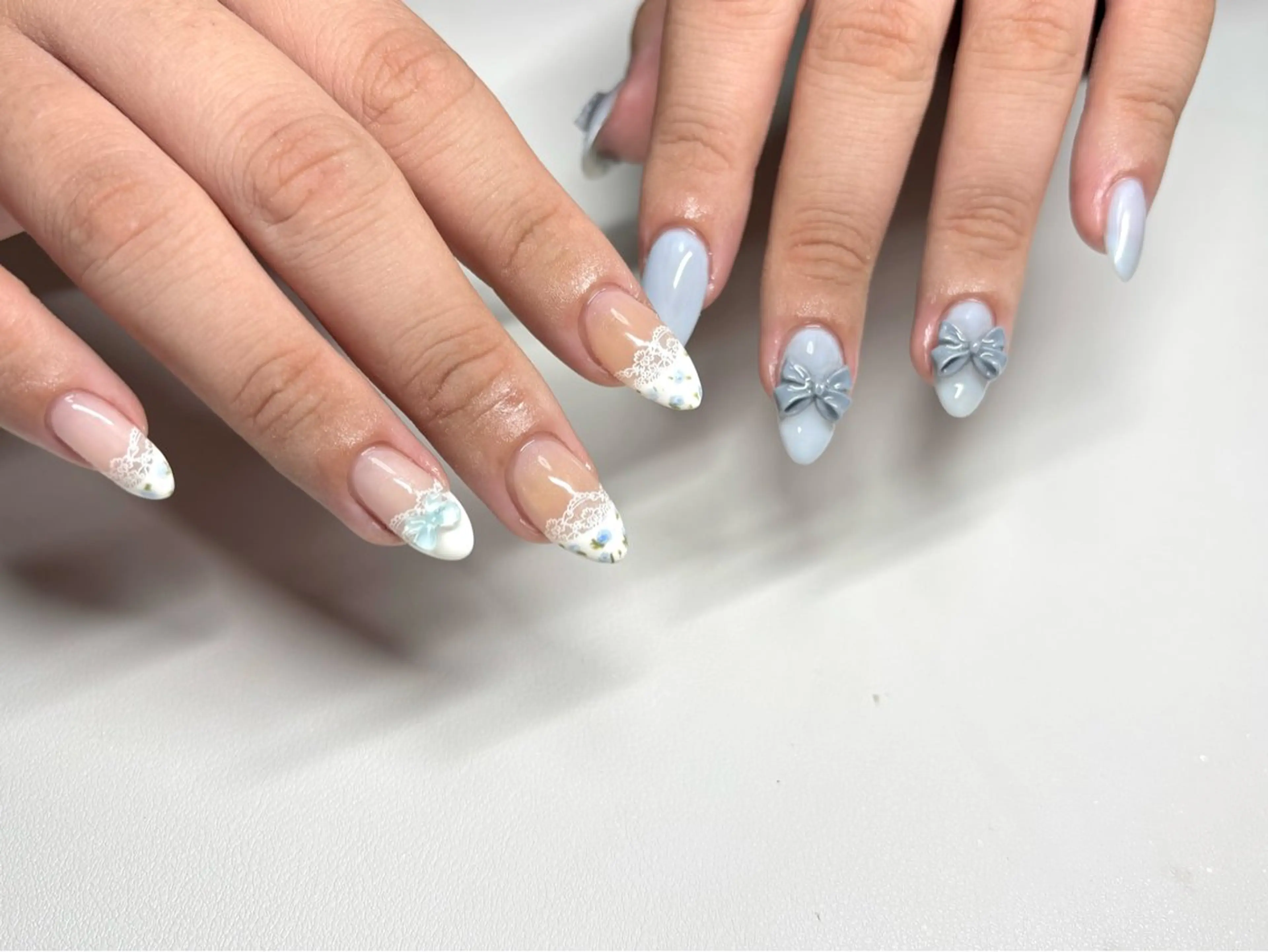 ネイル フレンチネイル 韓国ネイル レース リボン ハンドネイル nayu nailのネイルデザイン