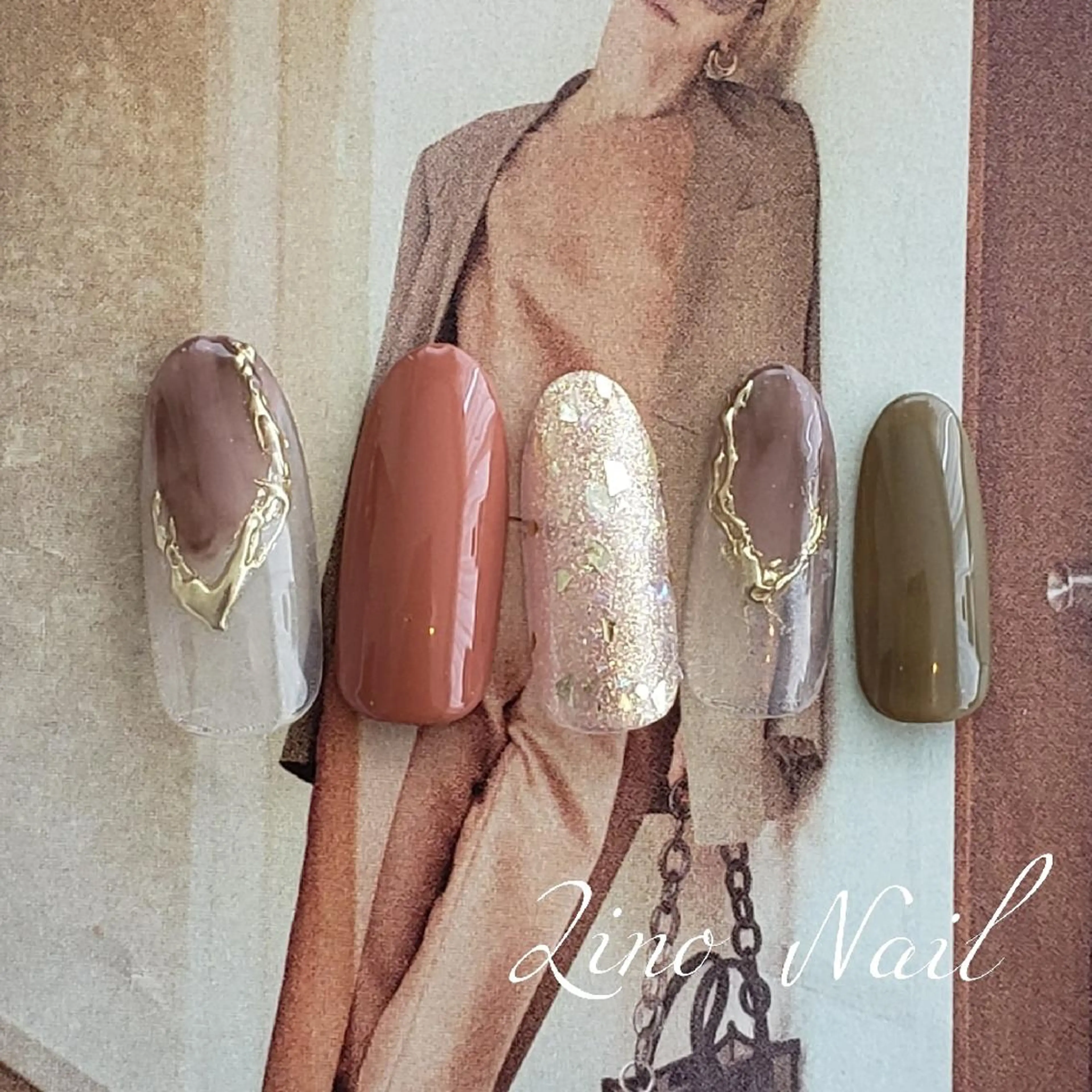 ネイル ブラウン カジュアル フレンチネイル ジェルネイル グリーン ハンドネイル Lino Nailのネイルデザイン