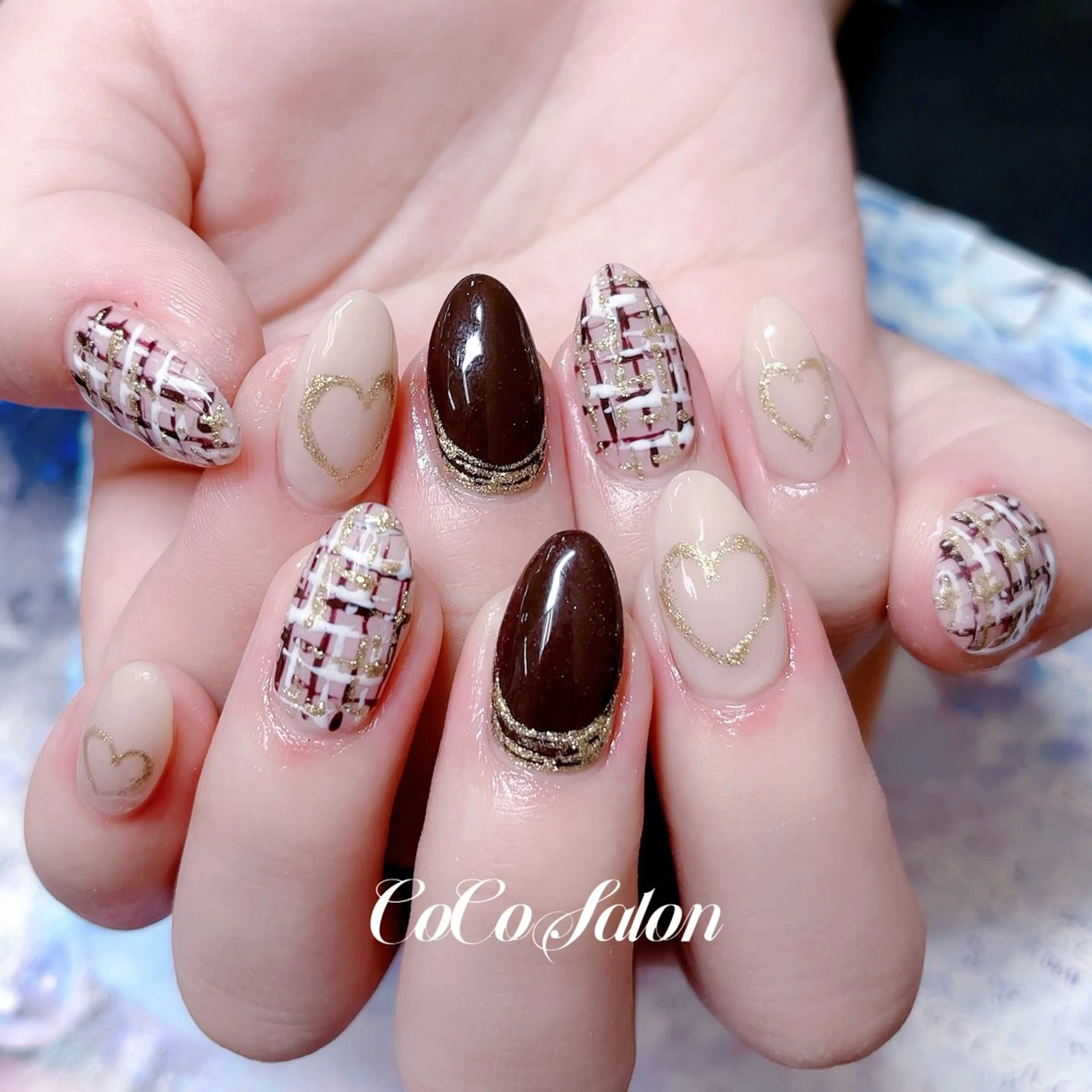 ネイル ボルドー 長さ出し ジェルネイル ゴールド ハート ハンドネイル CoCoSalon ネイル/まつ毛予約のネイルデザイン