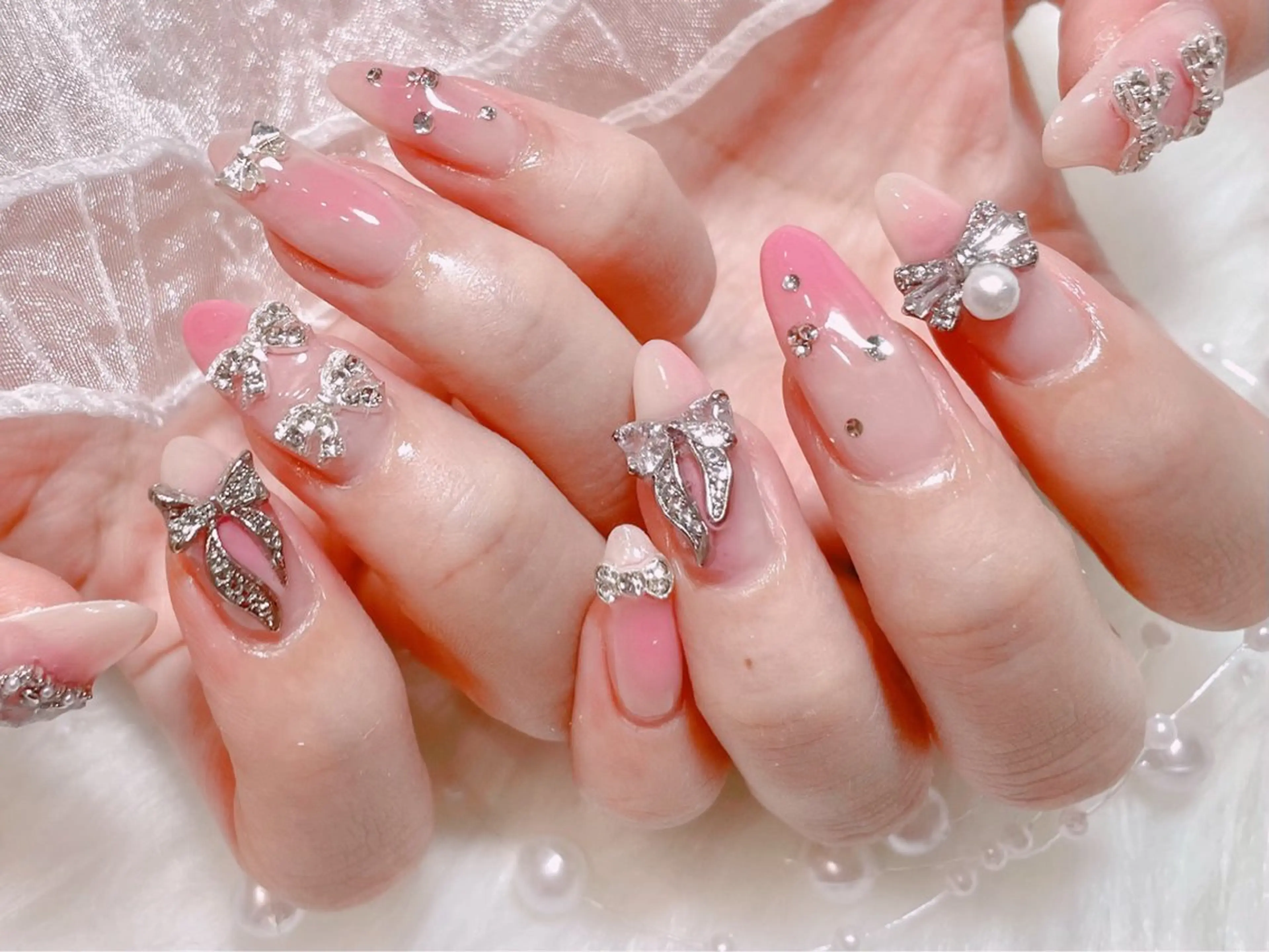 ネイル ジェルネイル パラジェル リボン ワンホンネイル ハンドネイル ゆりか ジョアアンジェ福島のネイルデザイン