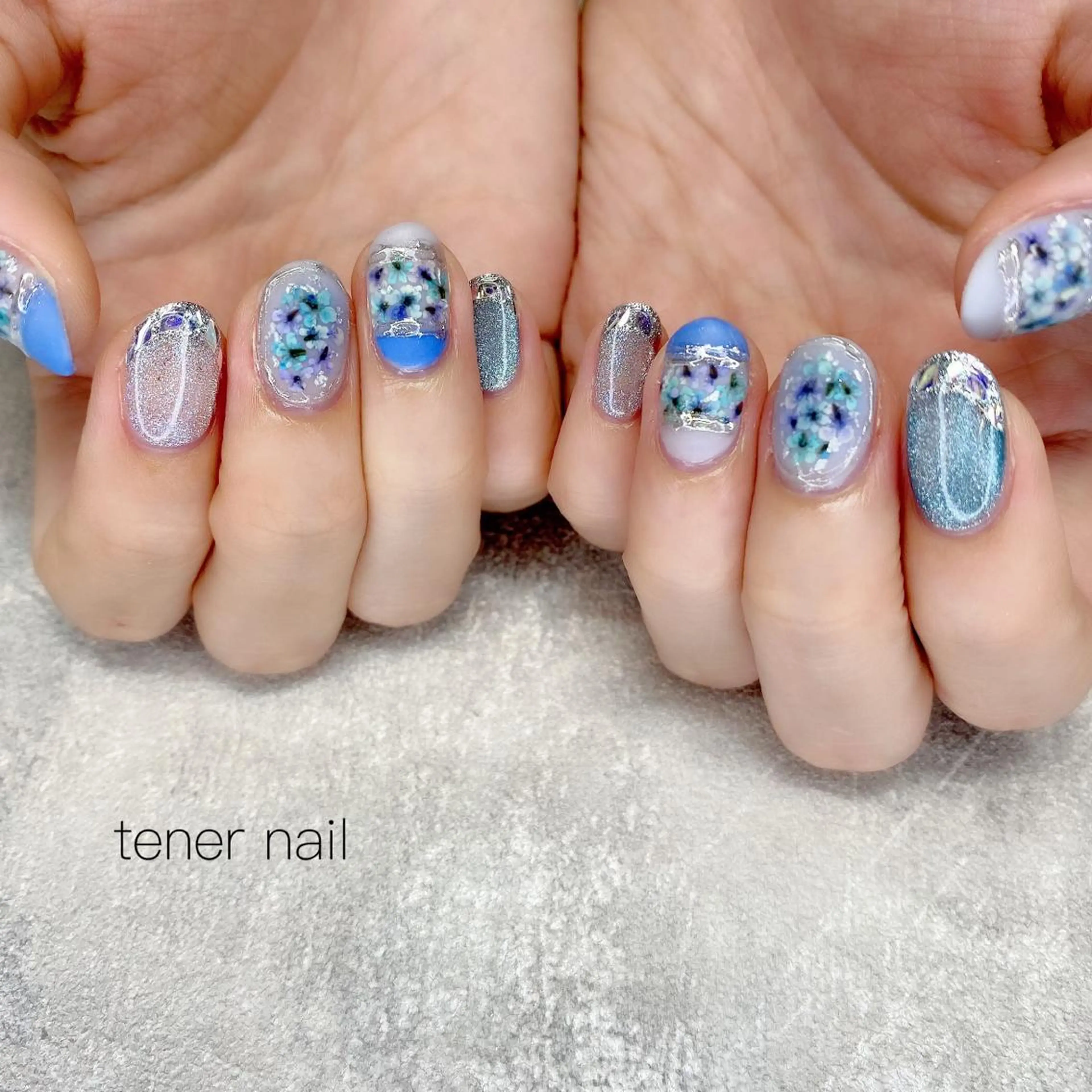 ネイル ブルー フラワーネイル tener  nail  テネルネイル所属・テネルネイル tener nailのネイルデザイン