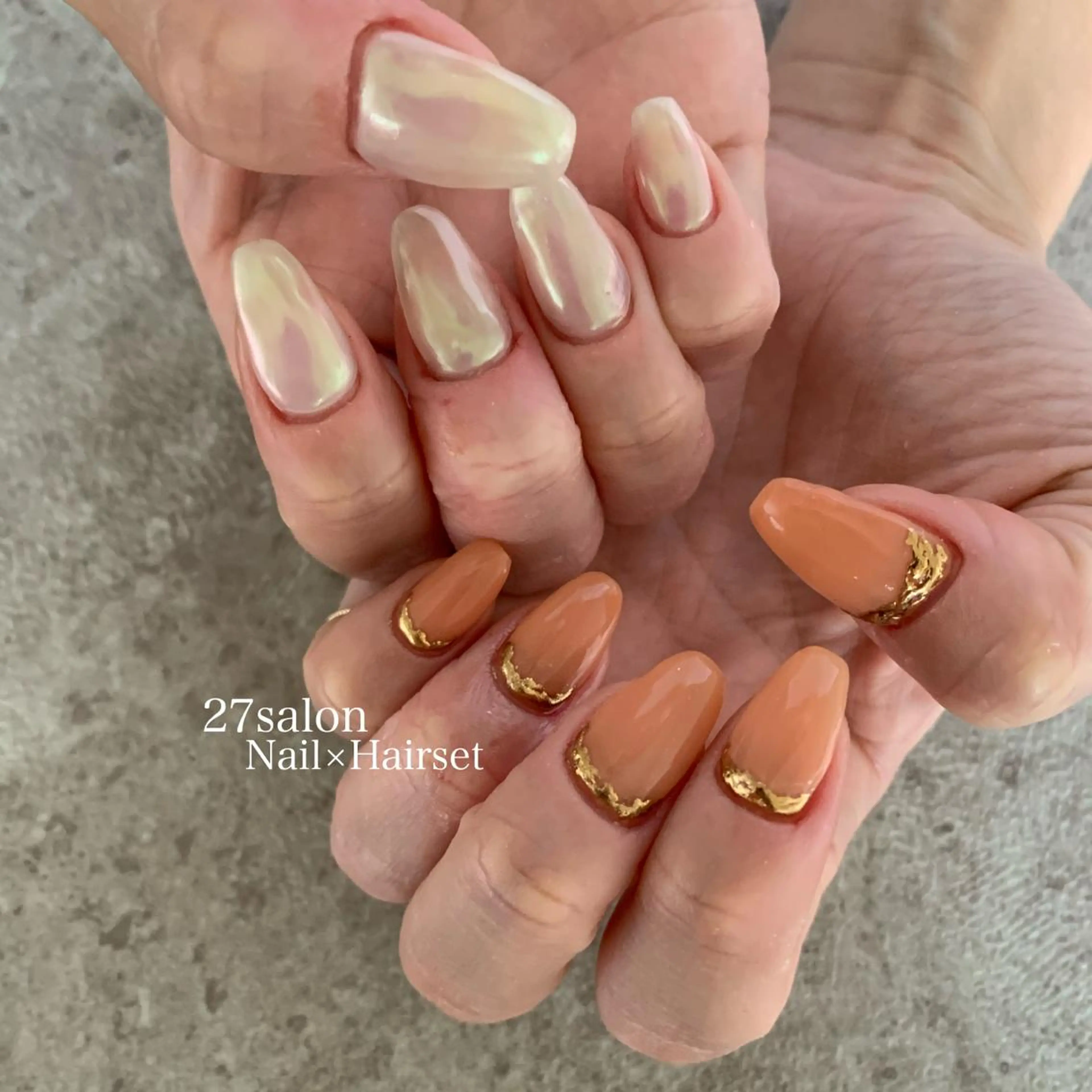 ネイル アートネイル オーロラネイル オレンジ シンプルネイル ハンドネイル 27salon yuinaのネイルデザイン