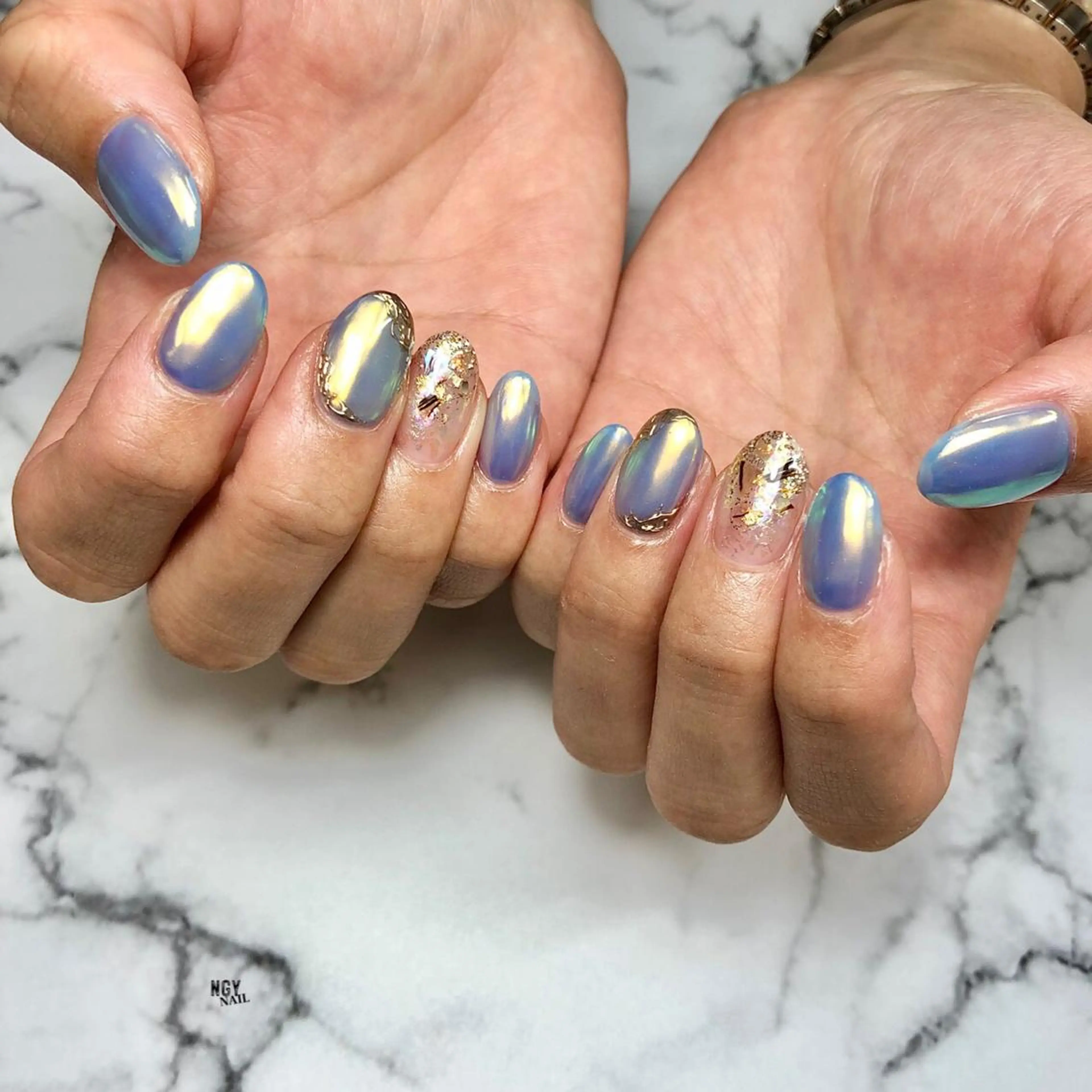 ネイル オーロラネイル ブルー クリアネイル ジェルネイル 韓国ネイル ハンドネイル NAIL NOWのネイルデザイン