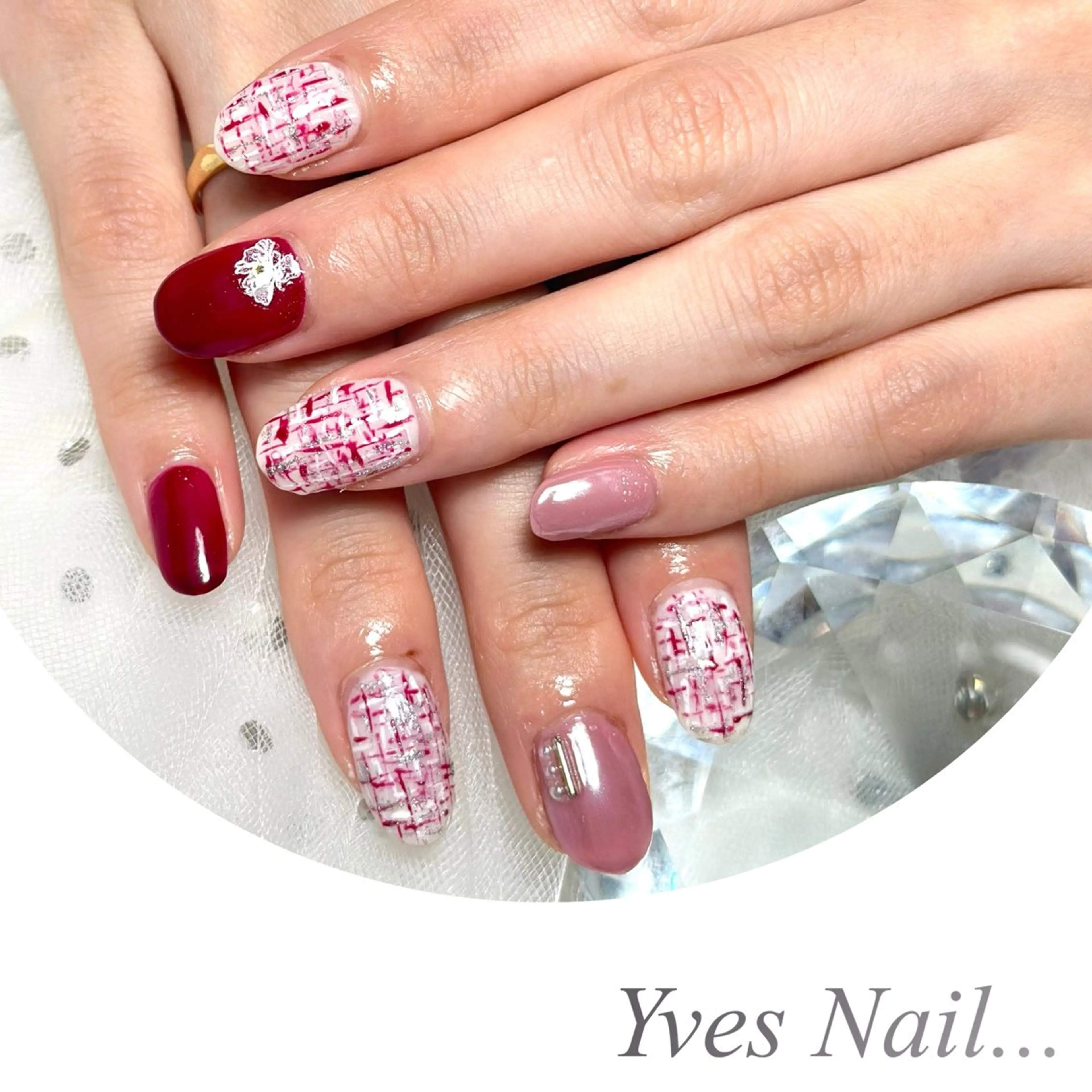ネイル ボルドー ミラーネイル ツイードネイル ハンドネイル kanno yのネイルデザイン