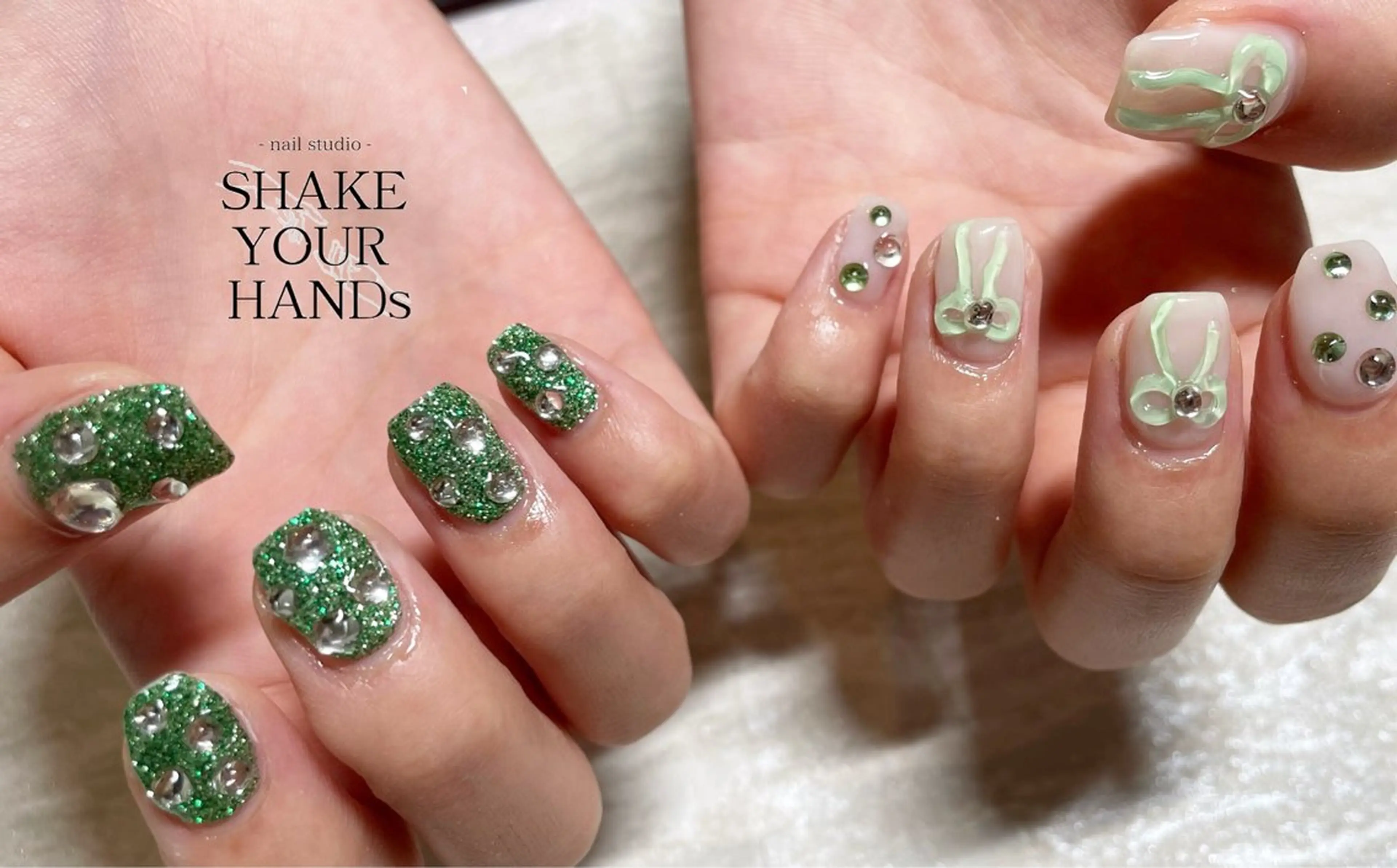 ネイル グリーン ハンドネイル ネイルスタジオ シェイクユアハンズのネイルデザイン