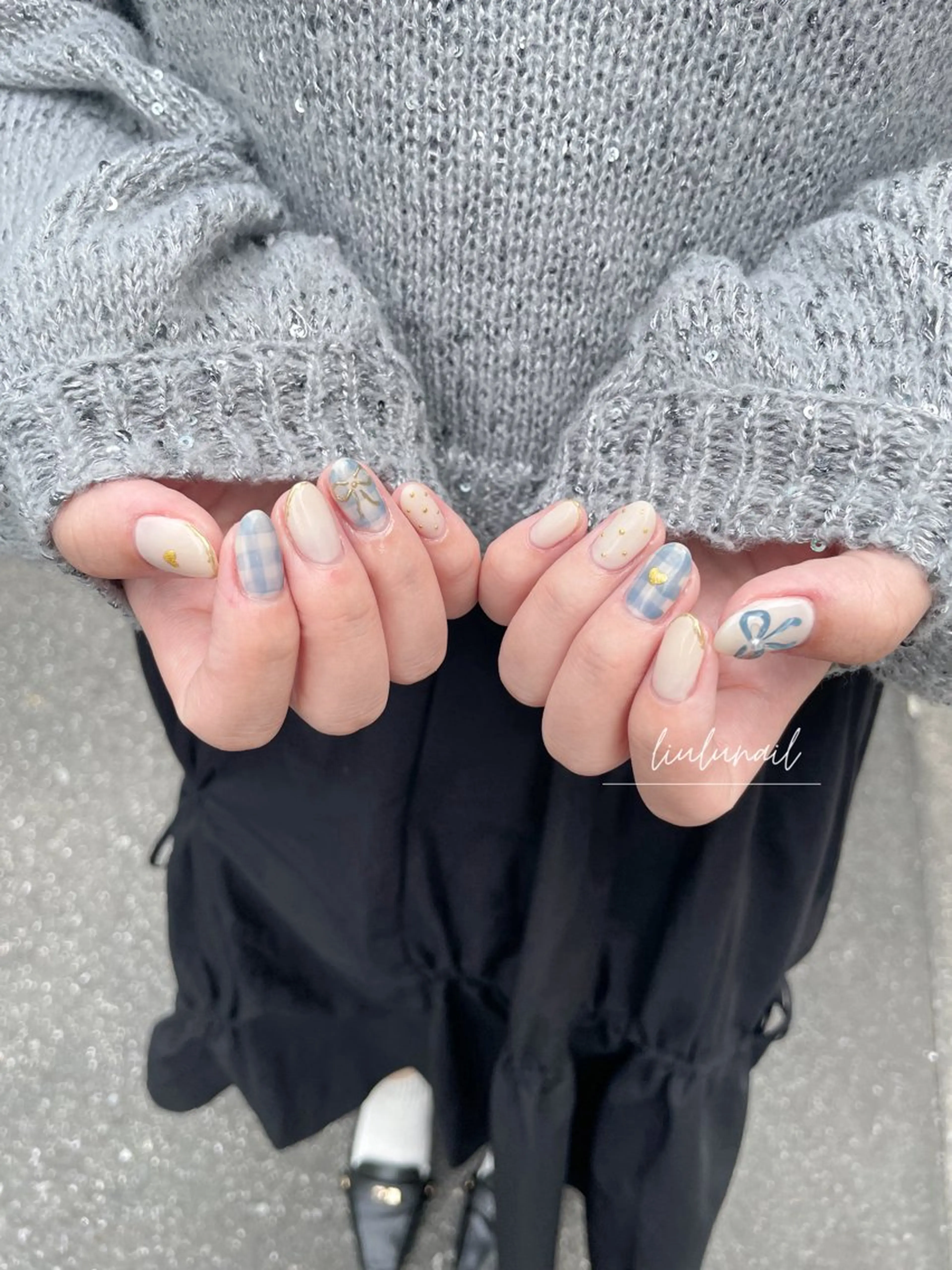 ネイル アートネイル ブルー 持ち込み ハンドネイル liulu nailのネイルデザイン