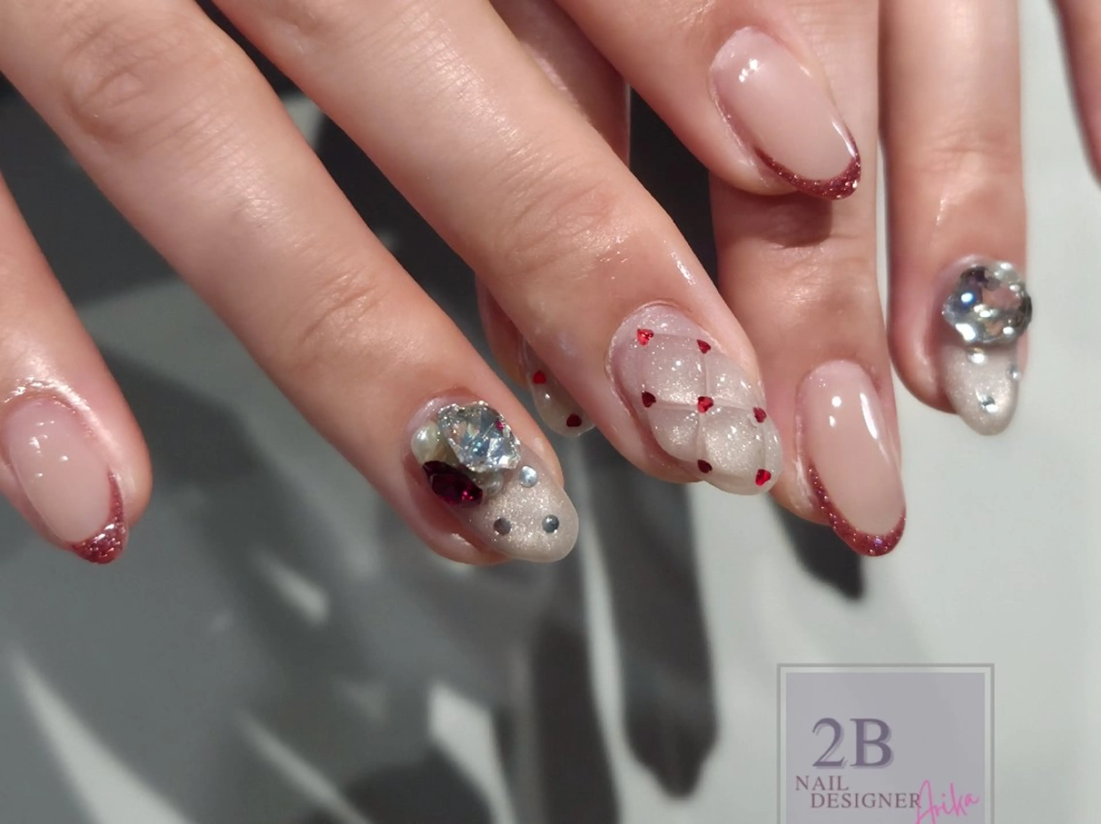 ネイル ハート マグネットネイル ミラーネイル リボン スカルプネイル 2B__nails ニービー京都伏見区のネイルデザイン