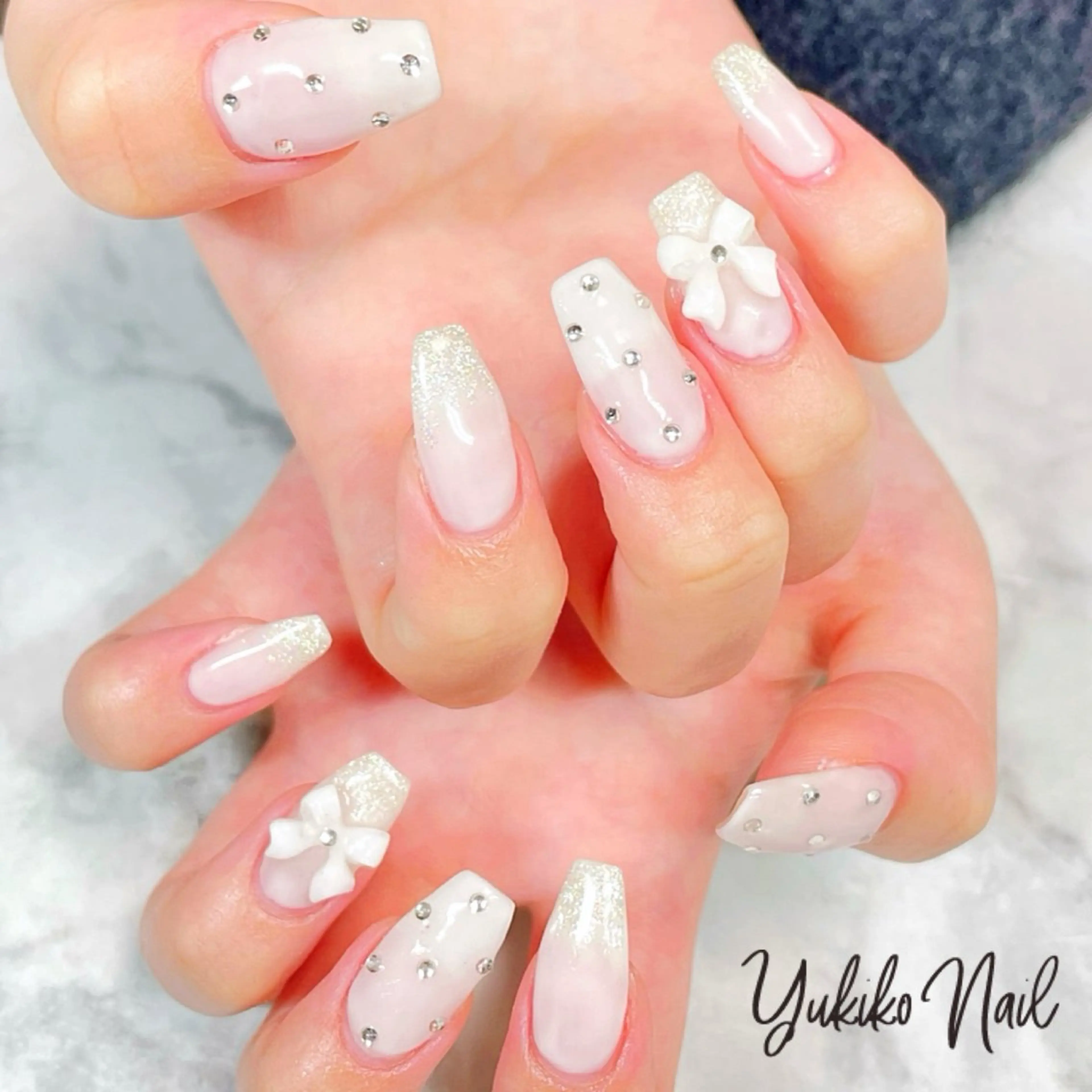 ネイル 長さ出し 韓国ネイル リボン ネイルチップ ワンホンネイル ハンドネイル ユキコ ネイルのネイルデザイン