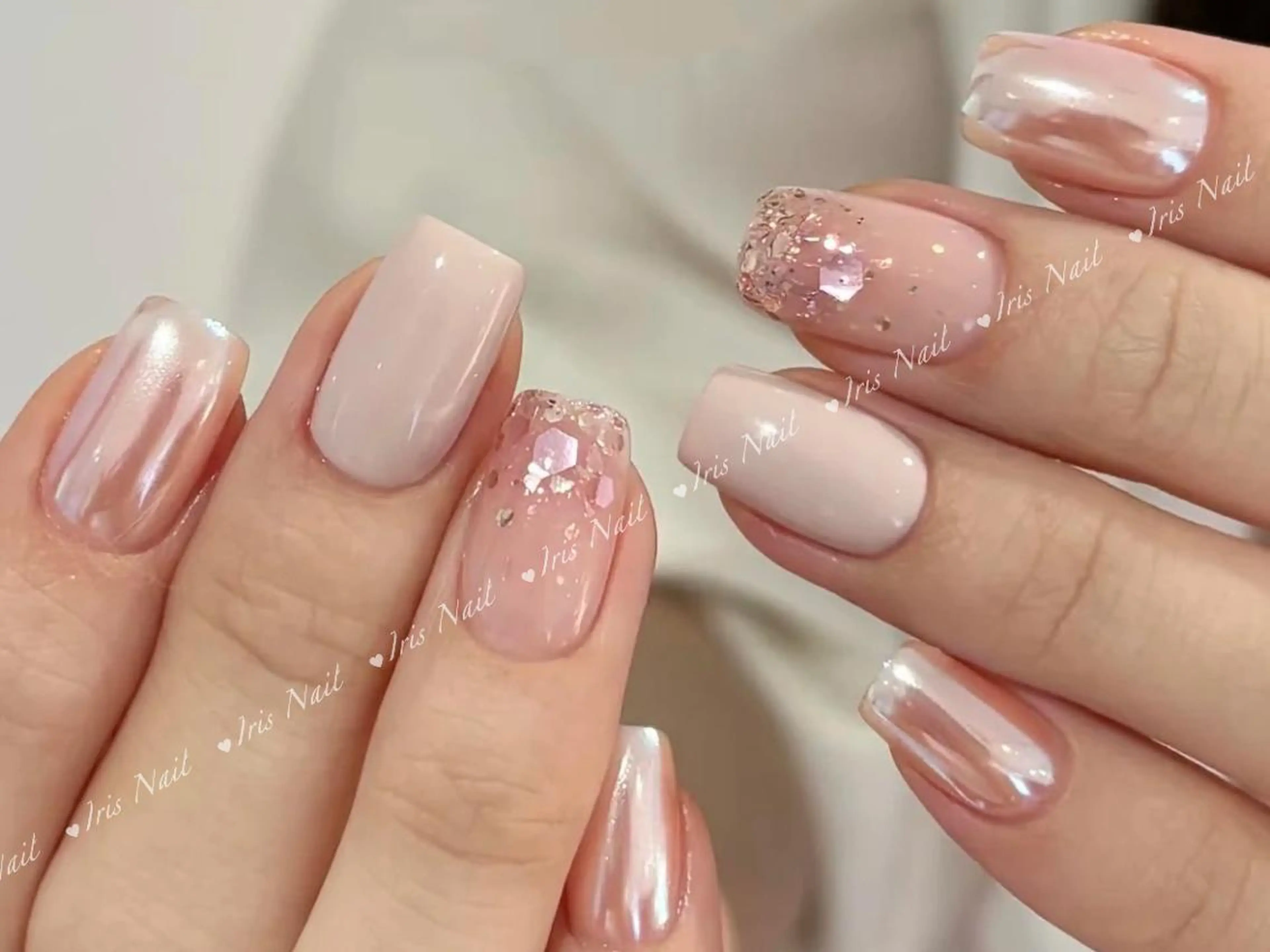 ネイル ラメ(グリッター) ラメグラデーション ミラーネイル ピンク ハンドネイル ハンドケア IRIS NAIL大塚のネイルデザイン