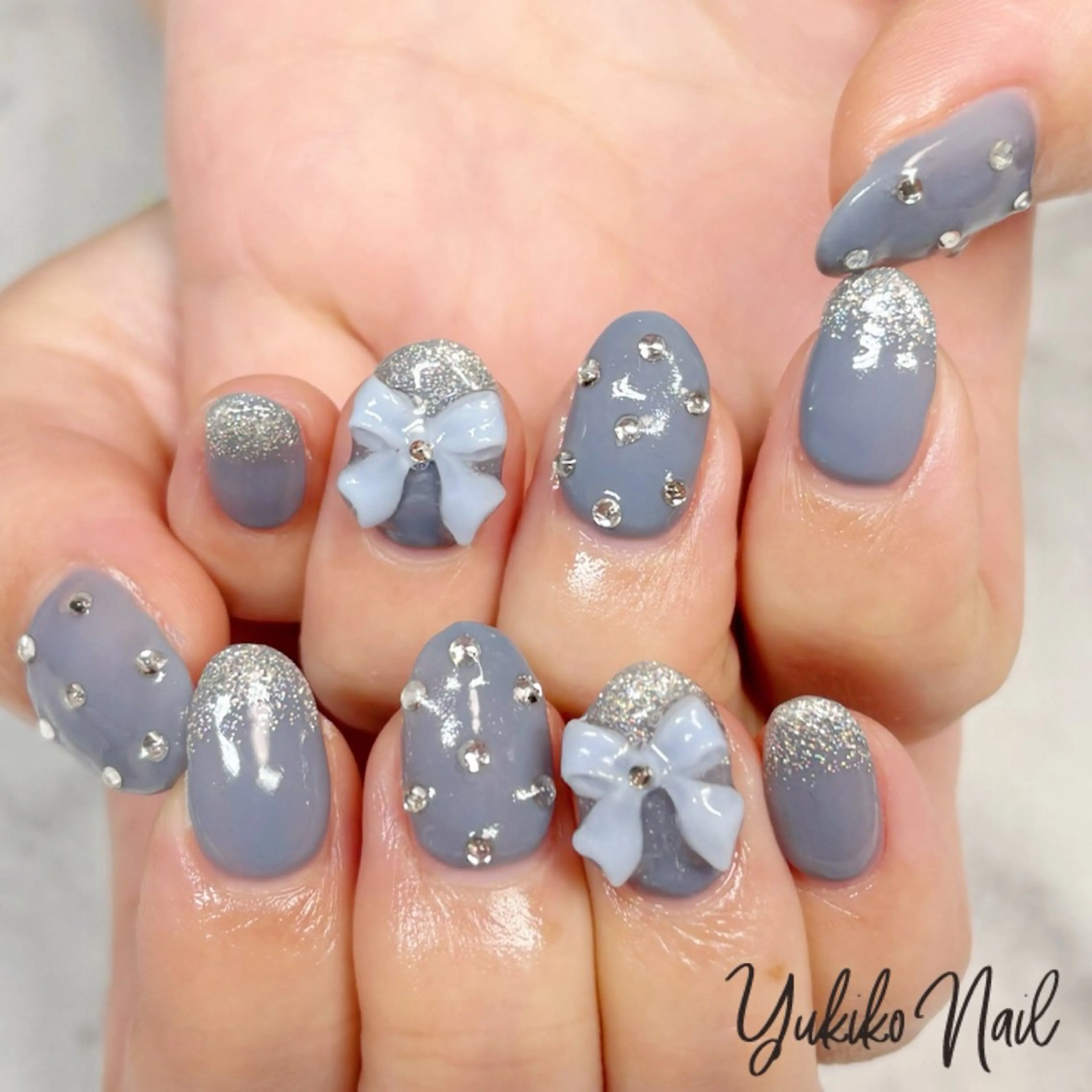 ネイル ブルー ガーリー グリーン リボン ワンホンネイル ハンドネイル ユキコ ネイルのネイルデザイン