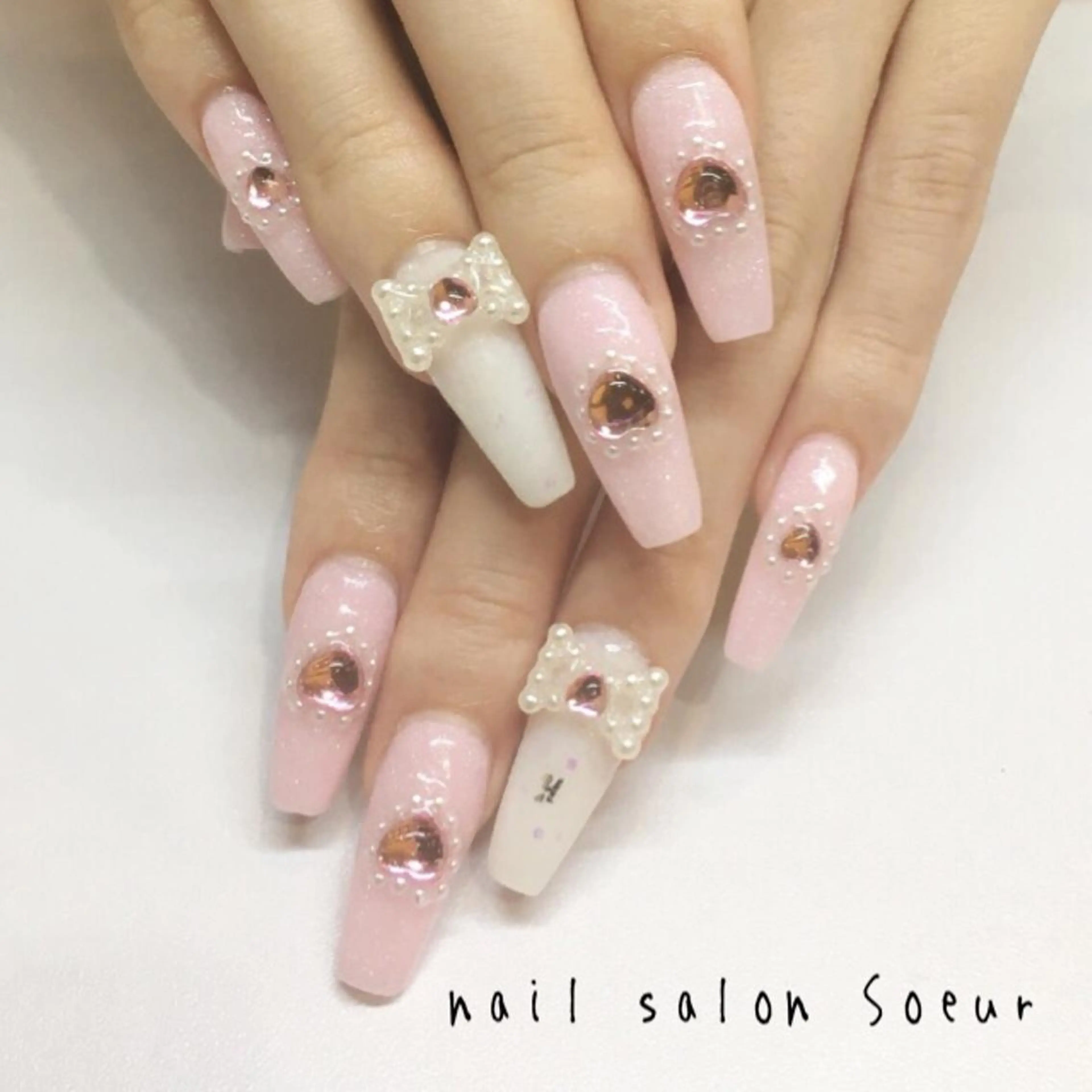 ネイル ハート ロングネイル 持ち込み スカルプネイル ハンドネイル nail salon Soeurのネイルデザイン