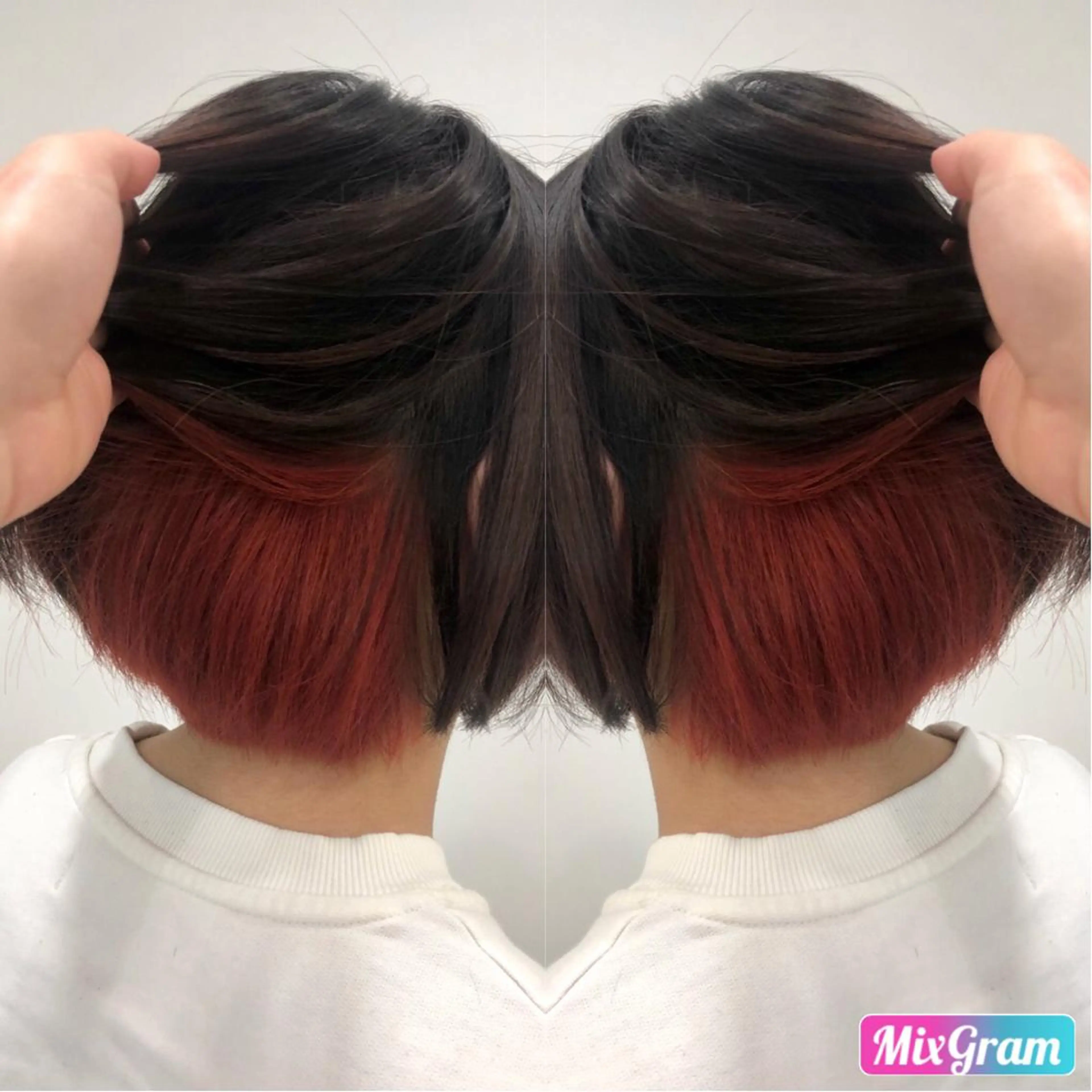 ショート カラー インナーカラー レッドカラー 白髪ぼかしハイライト めさきすずなのヘアスタイル