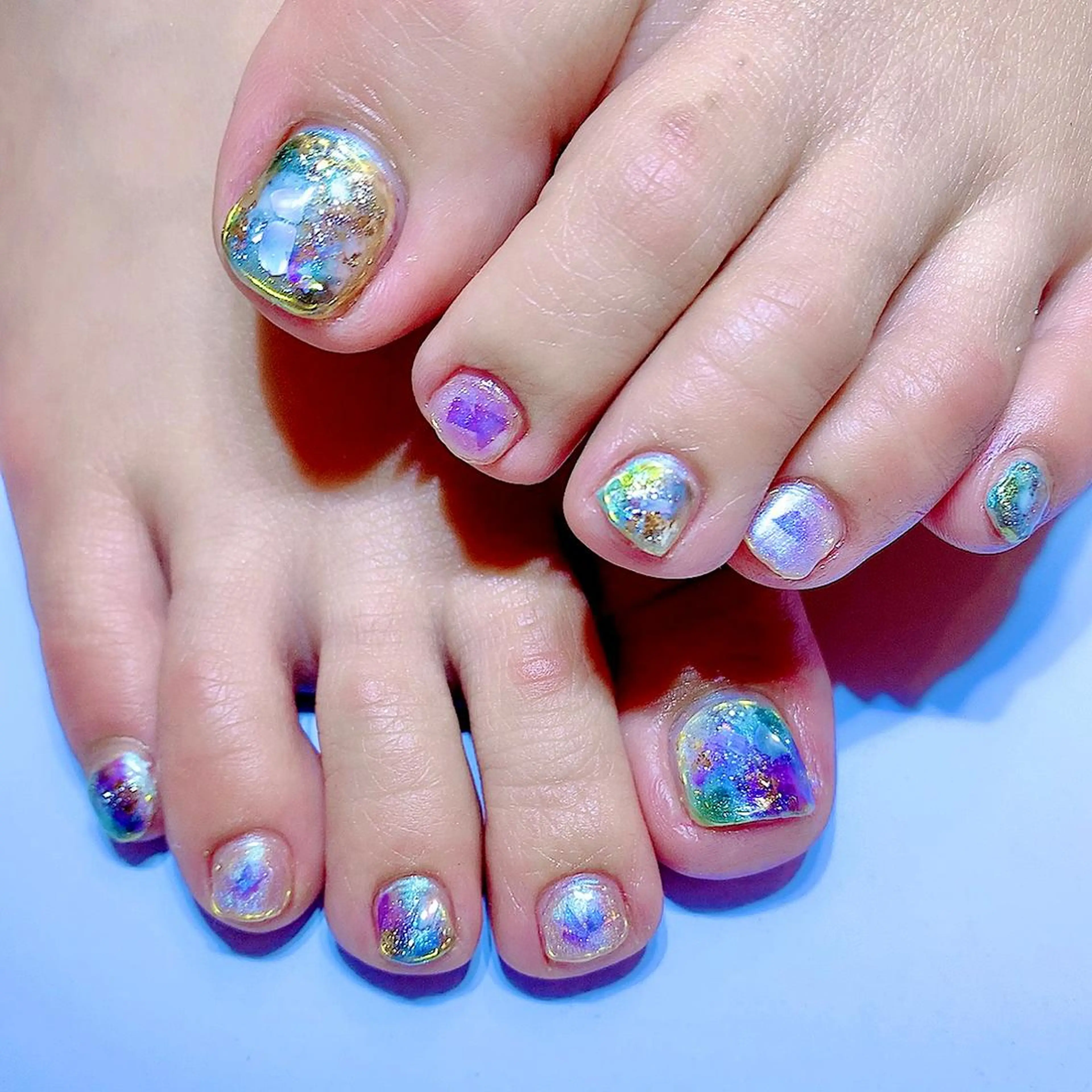ネイル アートネイル オーロラネイル フットネイル 氷ネイル・うるうるネイル キラキラネイル フットネイル シェアサロンLei.g(レイジー)所属・3Dアートネイル💗 都築レナのネイルデザイン