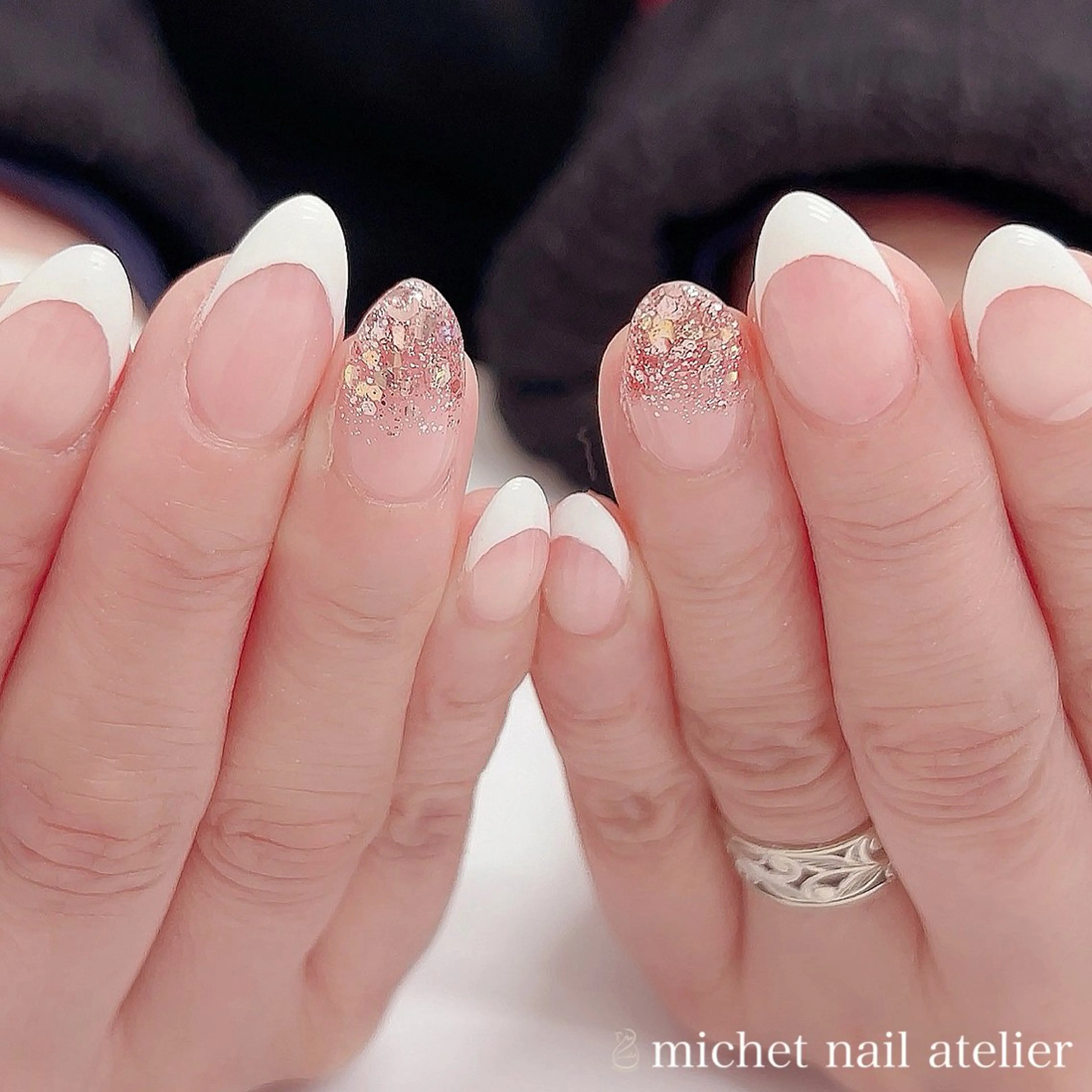 ネイル フレンチネイル ジェルネイル ラメ(グリッター) シンプルネイル 春ネイル ハンドネイル h. rikaのネイルデザイン