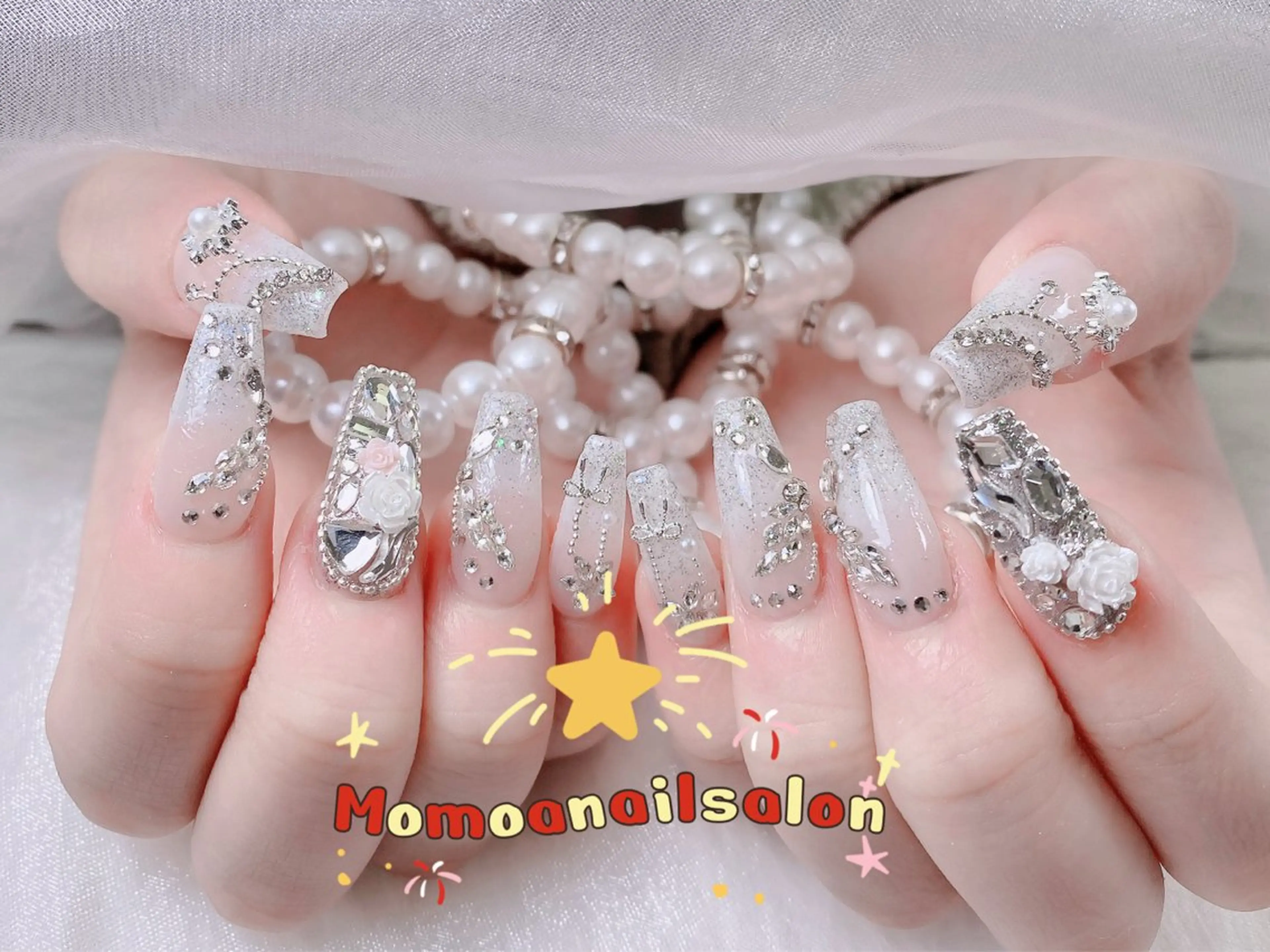 ネイル 成人式 ジェルネイル ロングネイル マグネットネイル ミディアムネイル ハンドネイル MoMoA Nail ネイル長さ出し専門店のネイルデザイン