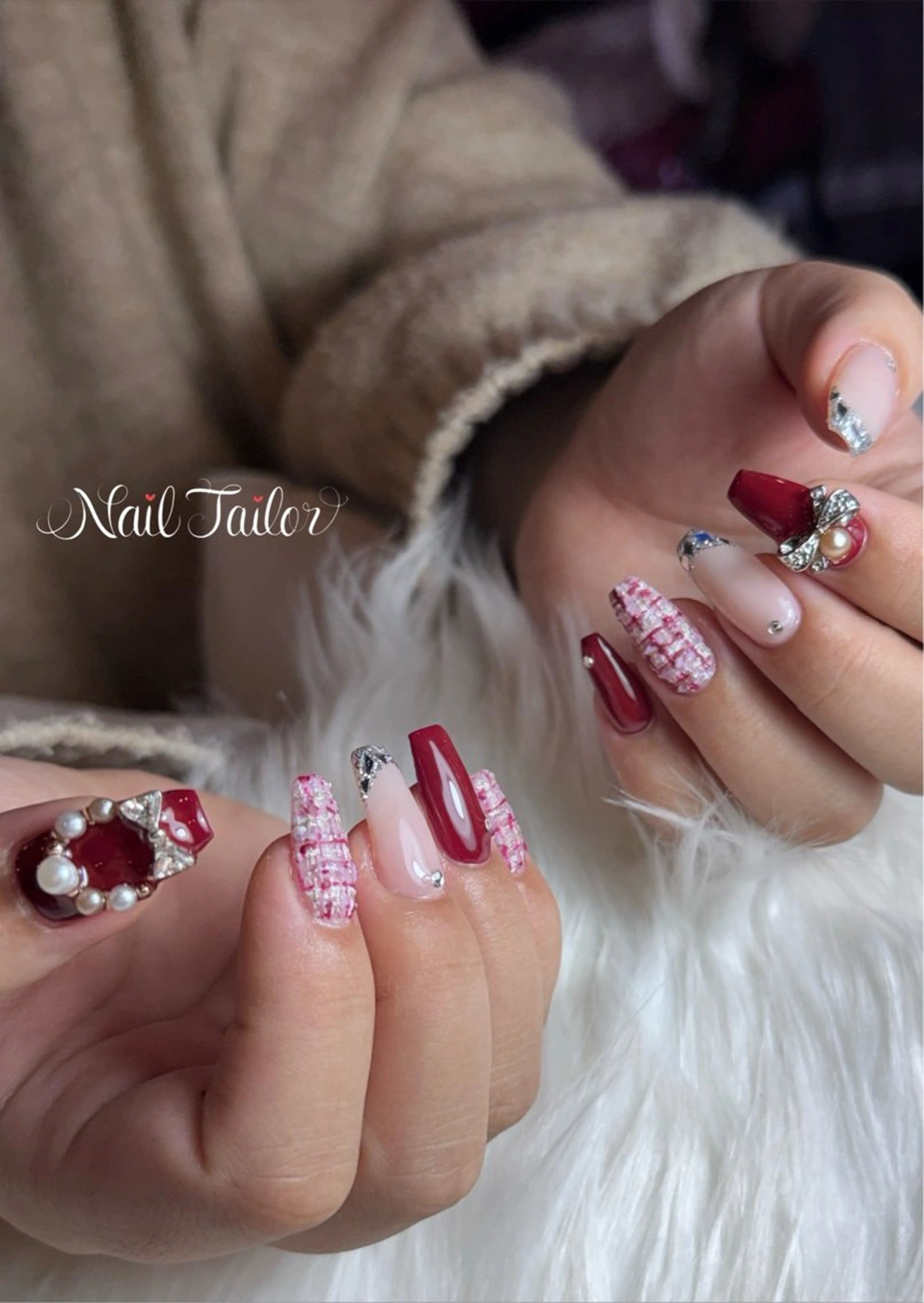 ネイル ボルドー ツイードネイル 冬ネイル クリスマス ハンドネイル 〜Nail Tailor〜　ネイルテイラー所属・NailTailor ネイルテイラーのネイルデザイン