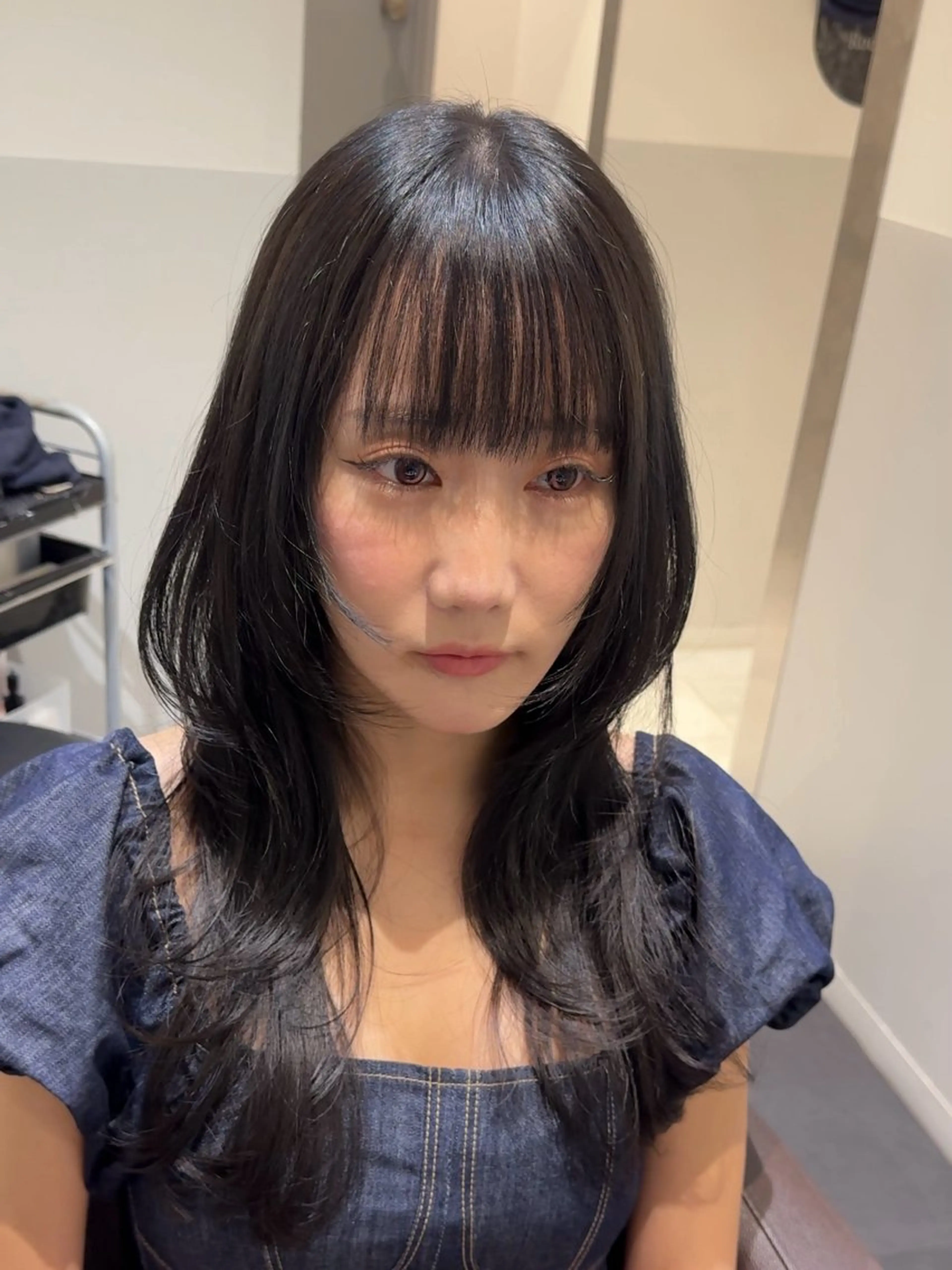 ミディアム カラー 黒髪 ブルーカラー ブルーブラック レイヤーカット SALOWIN新宿三丁目【サロウィン】所属・レイヤー🔶髪質改善 🔶透明感カラー青木のヘアスタイル