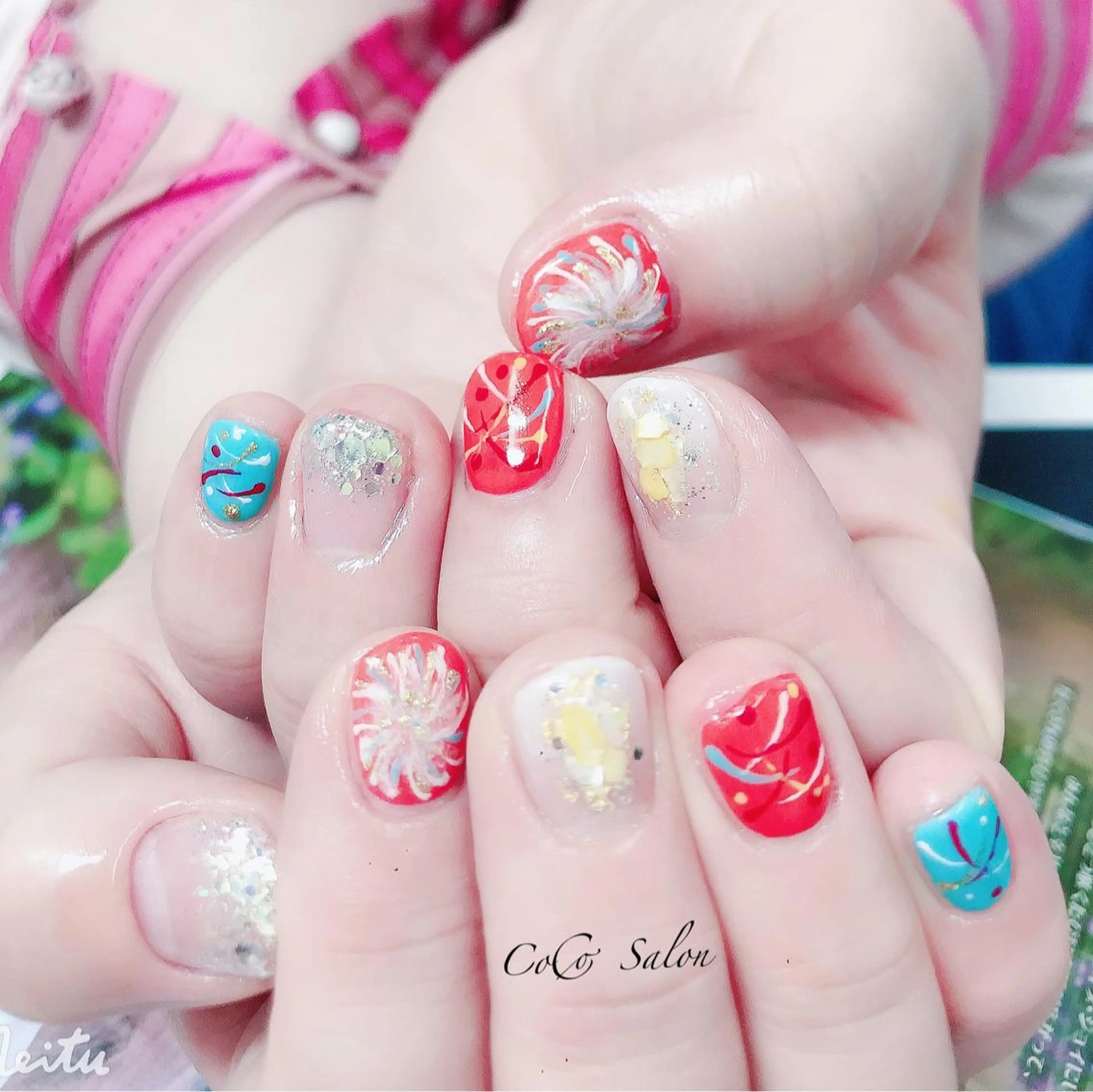 ネイル ブルー 長さ出し ジェルネイル グラデーション ホログラムネイル CoCoSalon ネイル/まつ毛予約のネイルデザイン