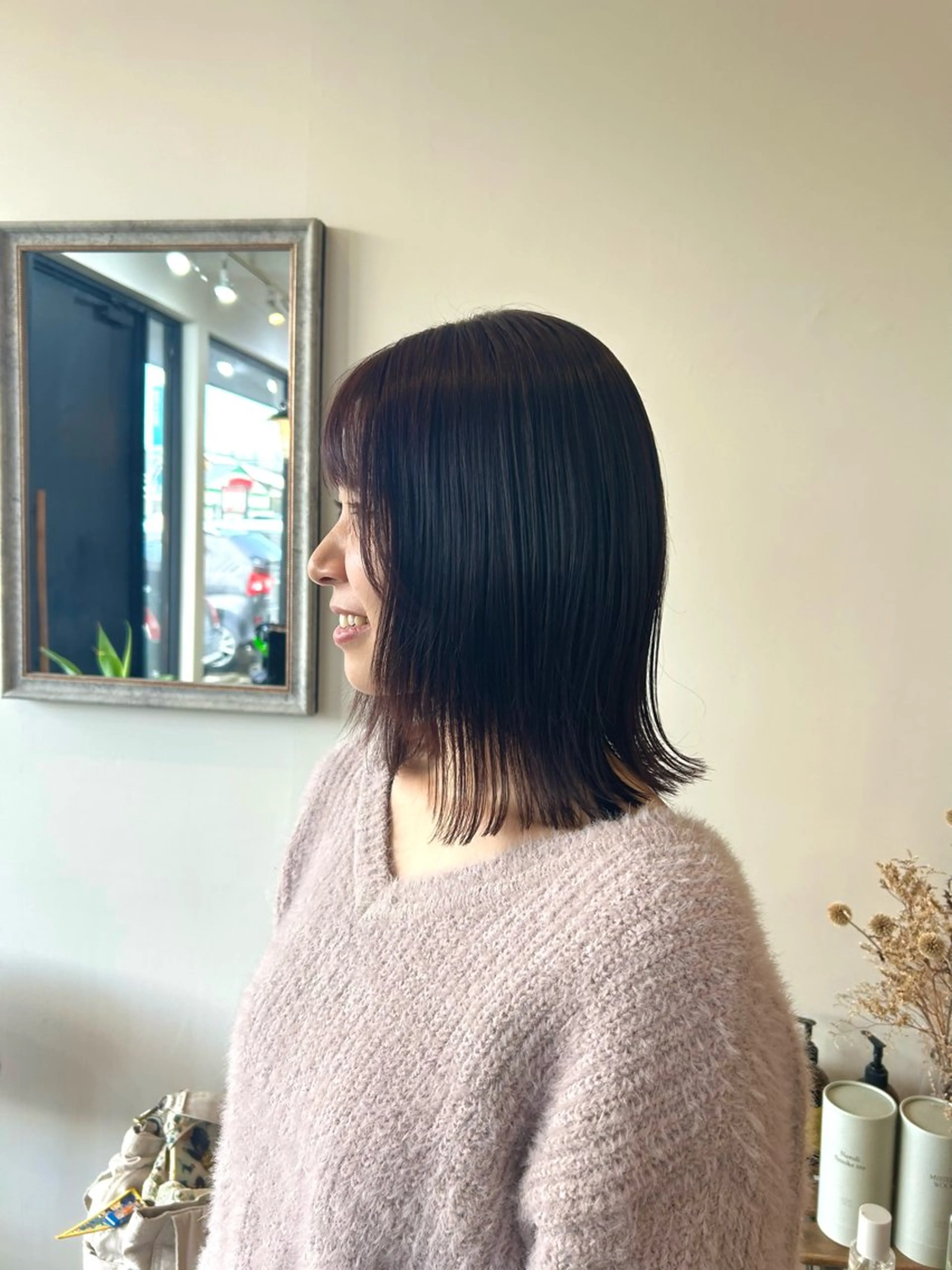 ミディアム ボブレイヤー ピンクブラウン ボブ レイヤーカット 縮毛矯正 plus HAIR いずみのヘアスタイル