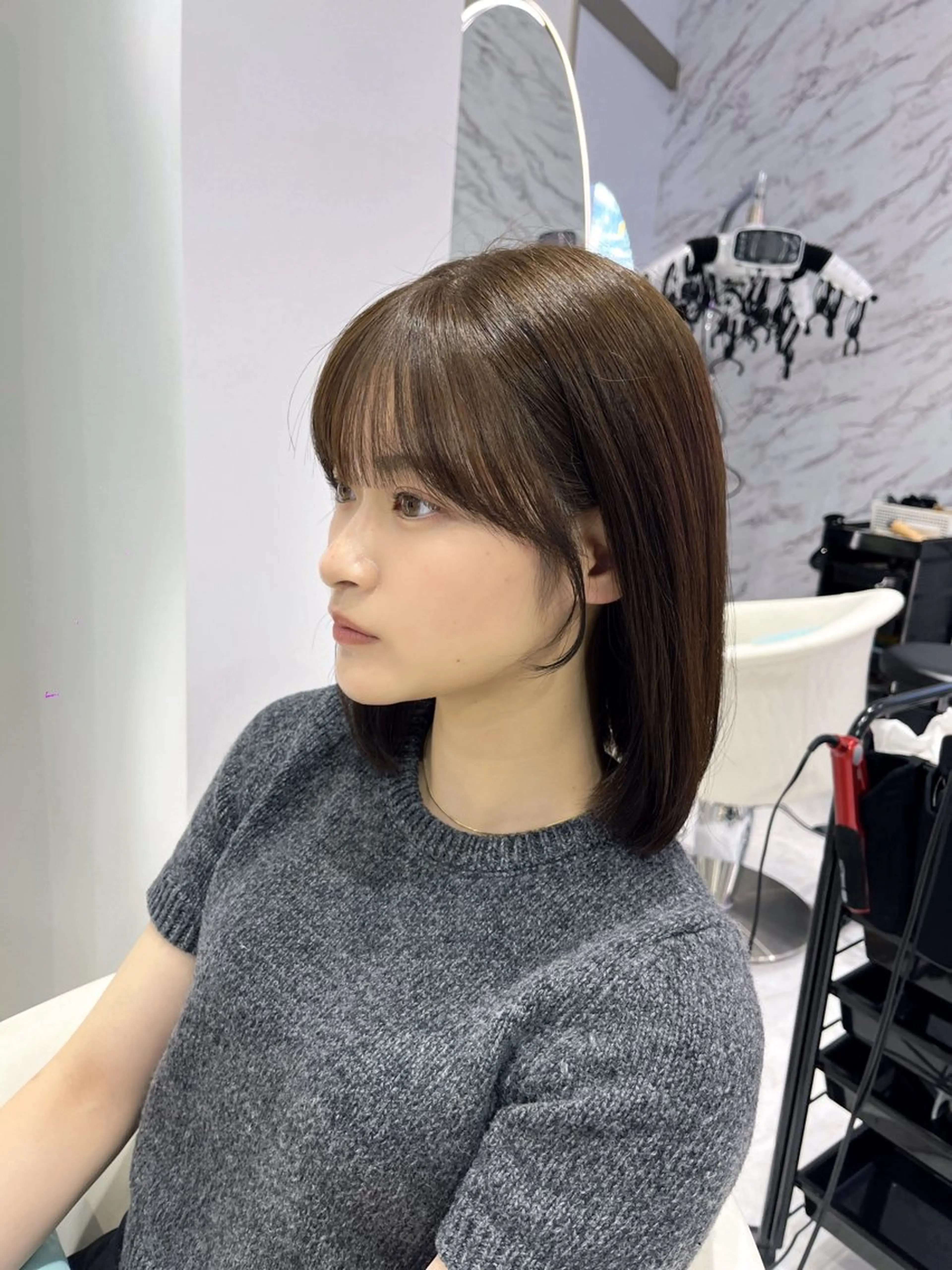 ミディアム カラー ショコラグレージュ 透明感カラー グレージュ 顔周りカット 韓国風ヘア カット ヘアカラー トリートメント 名古屋/透明感カラー /韓国ヘア/高木梨帆のヘアスタイル