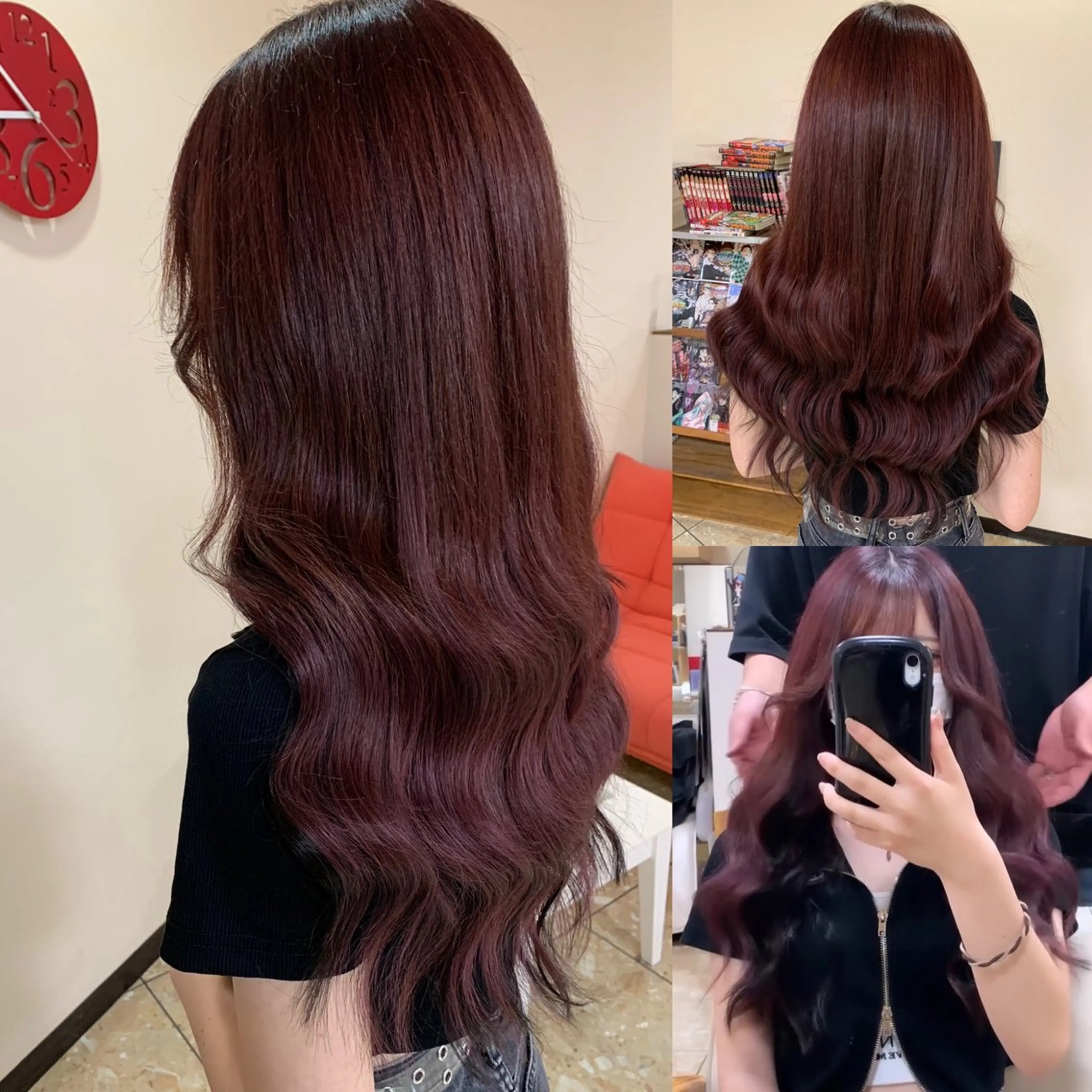 ロング カラー シールエクステ 黒髪 ブラウンカラー カシス ピンクカラー ヘアーサロンaxia所属・上田 英樹のヘアスタイル