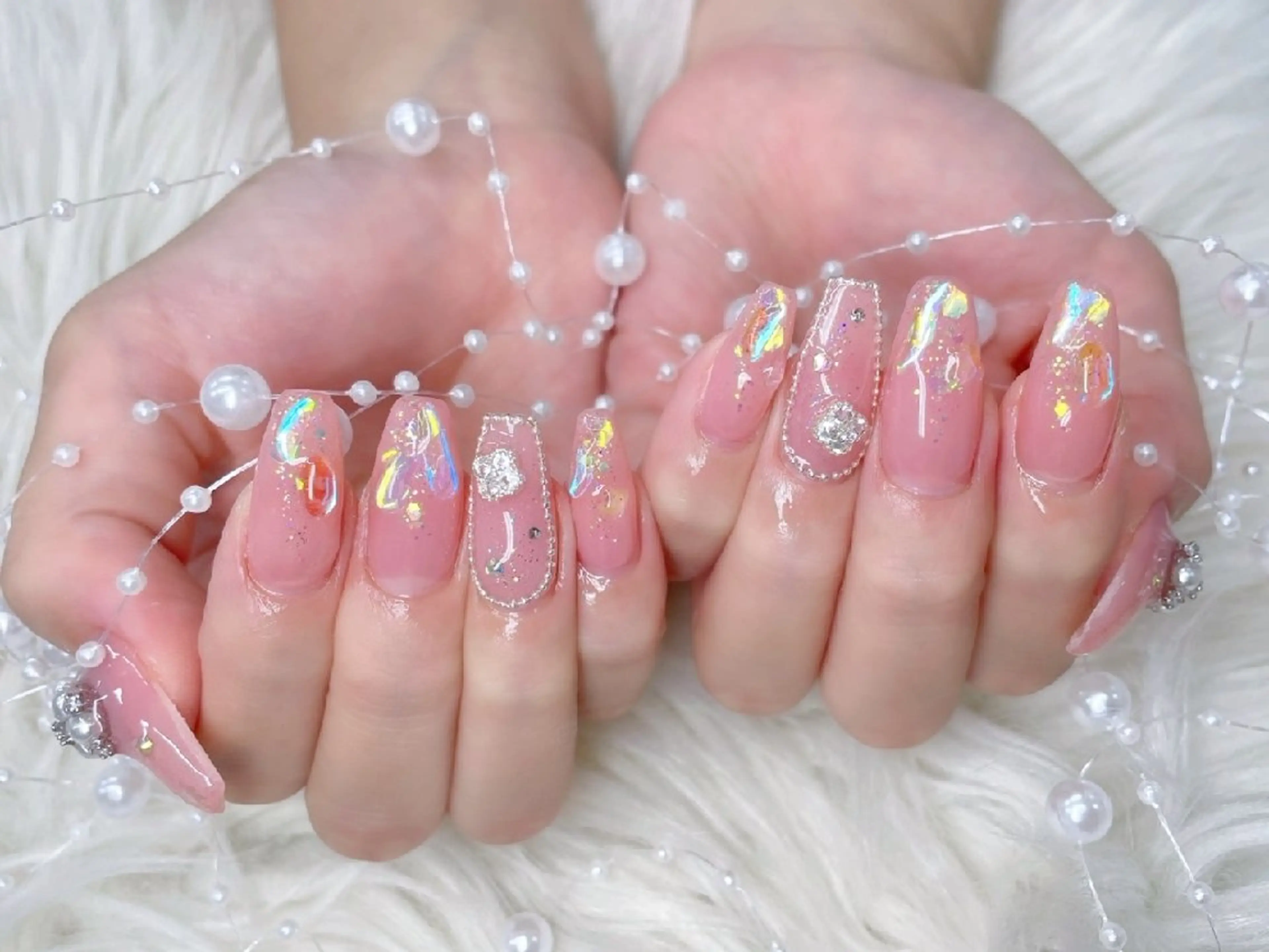 ネイル 長さ出し フラッシュネイル フレンチネイル キラキラネイル ラメ(グリッター) Chouette Nailのネイルデザイン