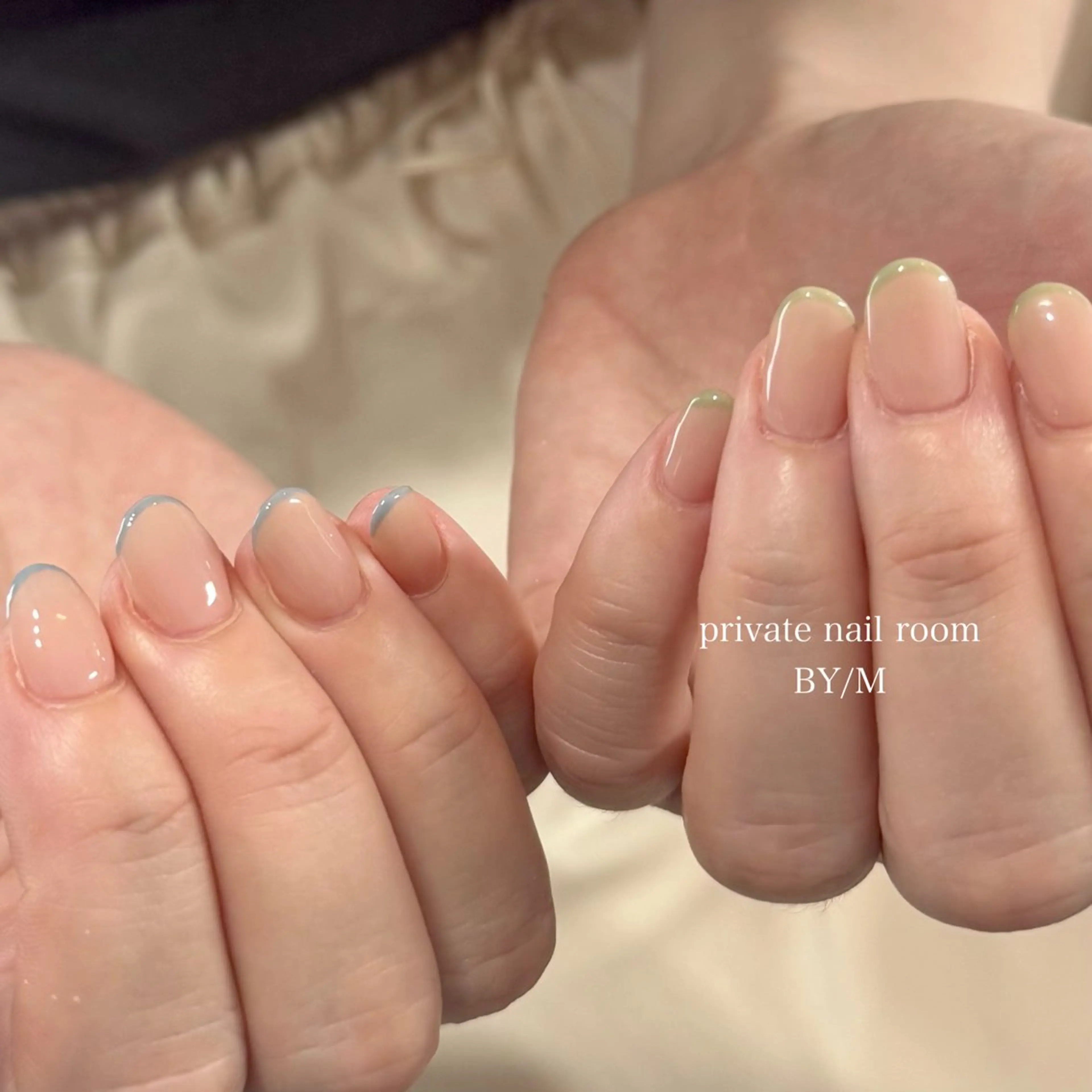 ネイル フレンチネイル グリーン 水色 持ち込み ハンドネイル BY / Mのネイルデザイン