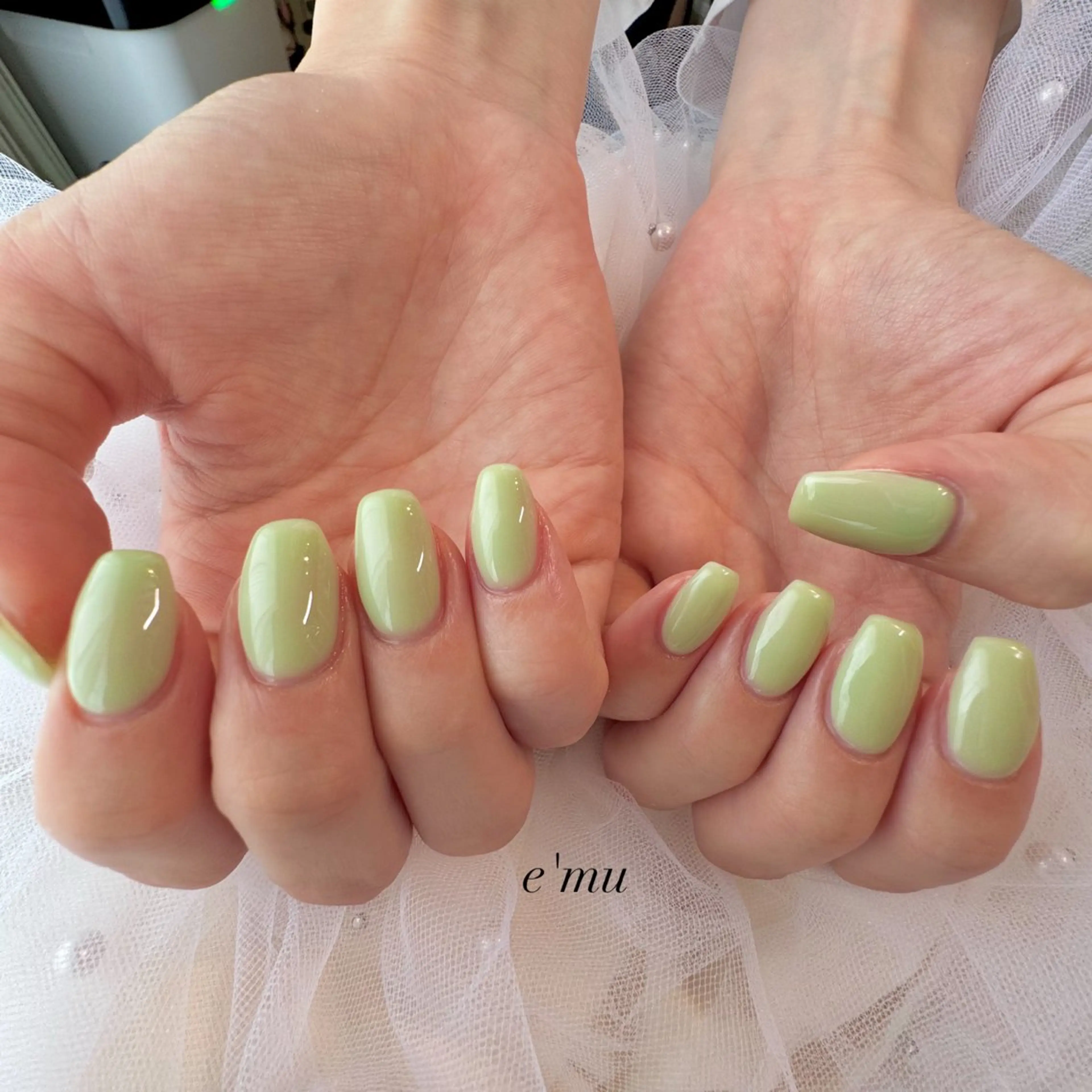 ネイル ワンカラーネイル ピスタチオネイル ハンドネイル nail salon e'mu💐のネイルデザイン