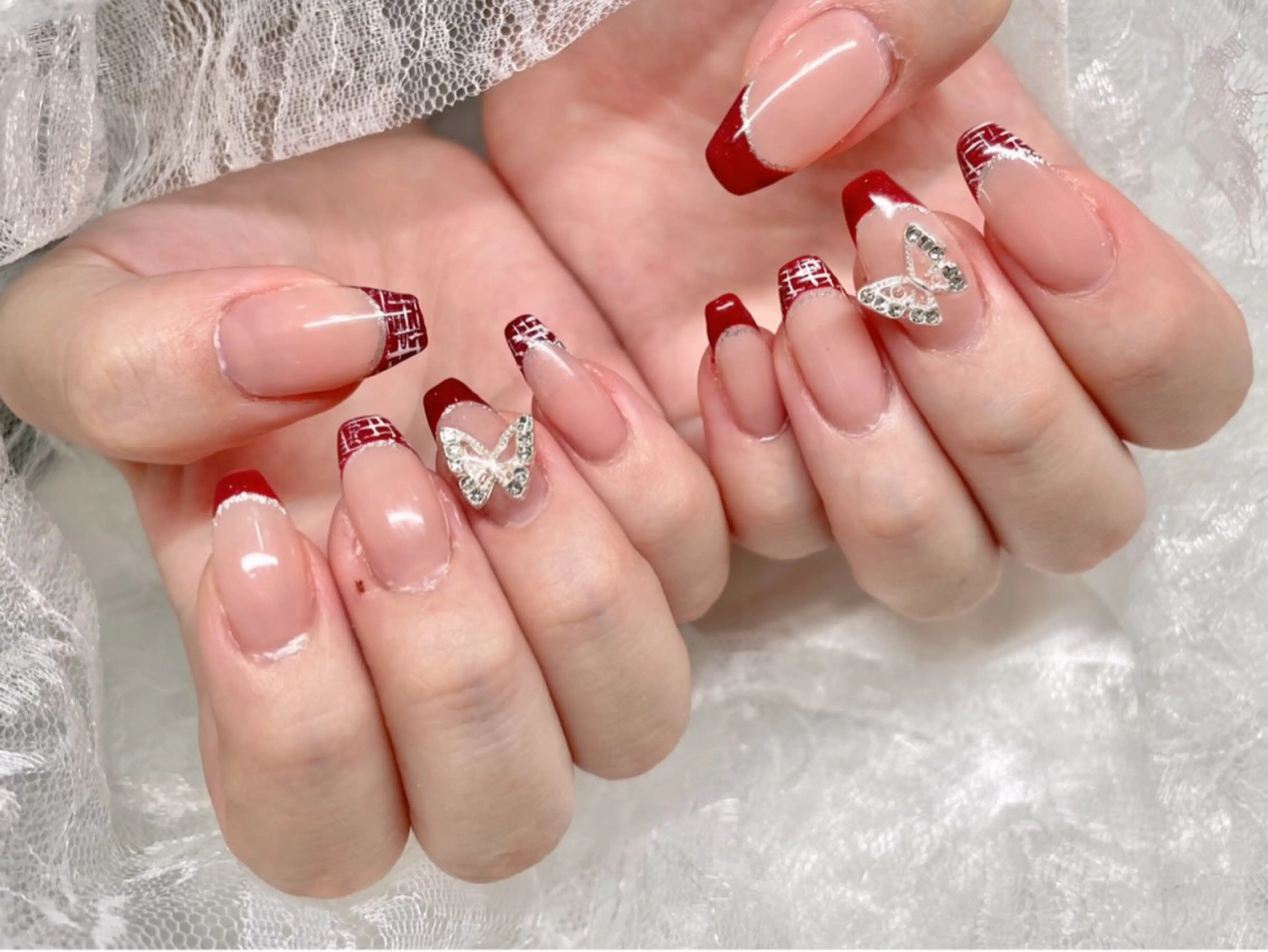 ネイル ボルドー 赤色 ツイードネイル 冬ネイル ハンドネイル ゆりか ジョアアンジェ福島のネイルデザイン