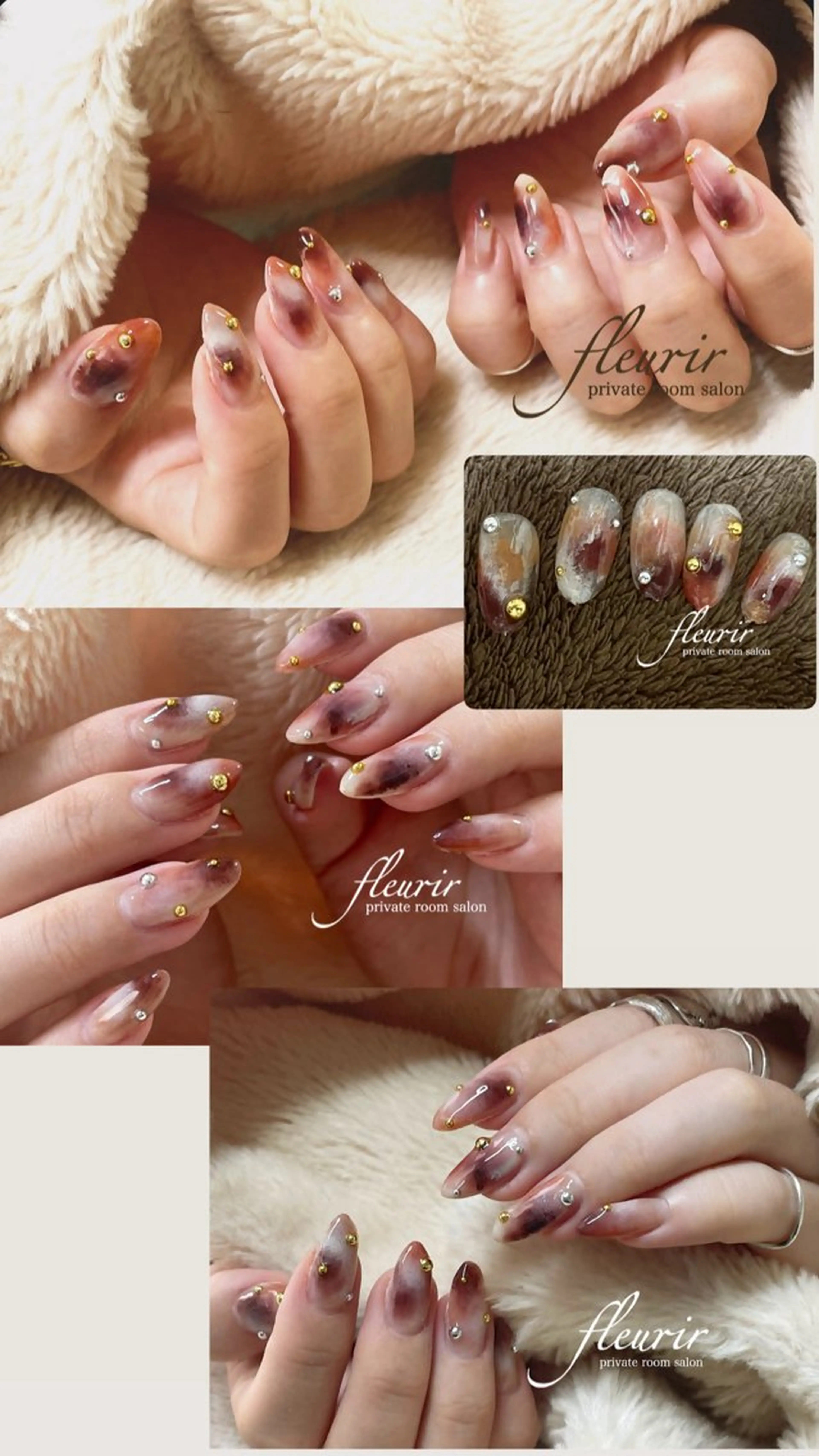 【珈琲ラテオレ:オフ別途追加】ドリンクの様な 濃淡のブラウン系の合わせデザイン。 スタッズはお爪の大きさによって変化ありの写真