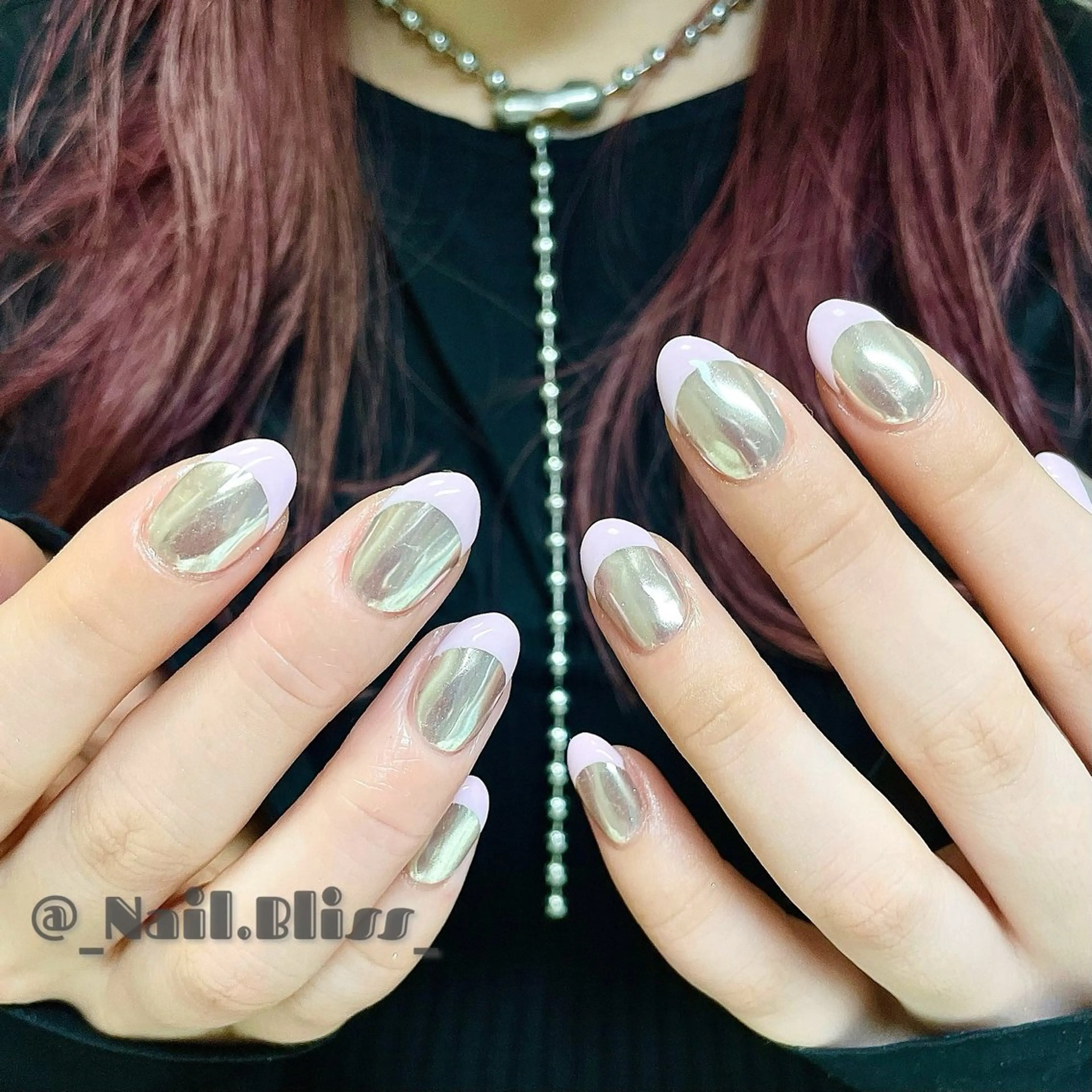 ネイル フレンチネイル 氷ネイル・うるうるネイル ミラーネイル ピンク ハンドネイル NAIL BLISSのネイルデザイン