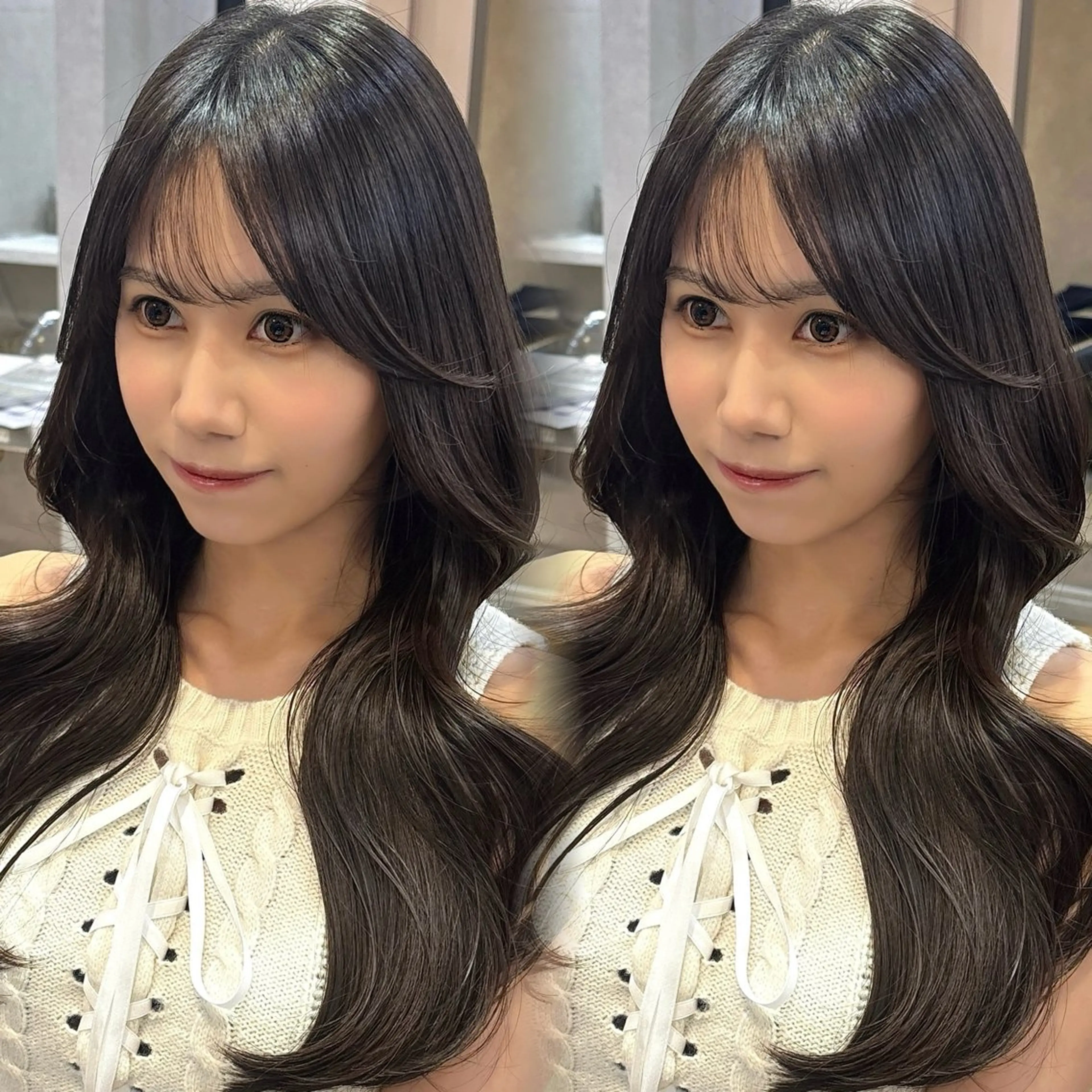 ロング 顔周りカット 韓国風ヘア カット ヘアカラー トリートメント 韓国ヘア/艶髪/ 透明感カラー/つぐみのヘアスタイル