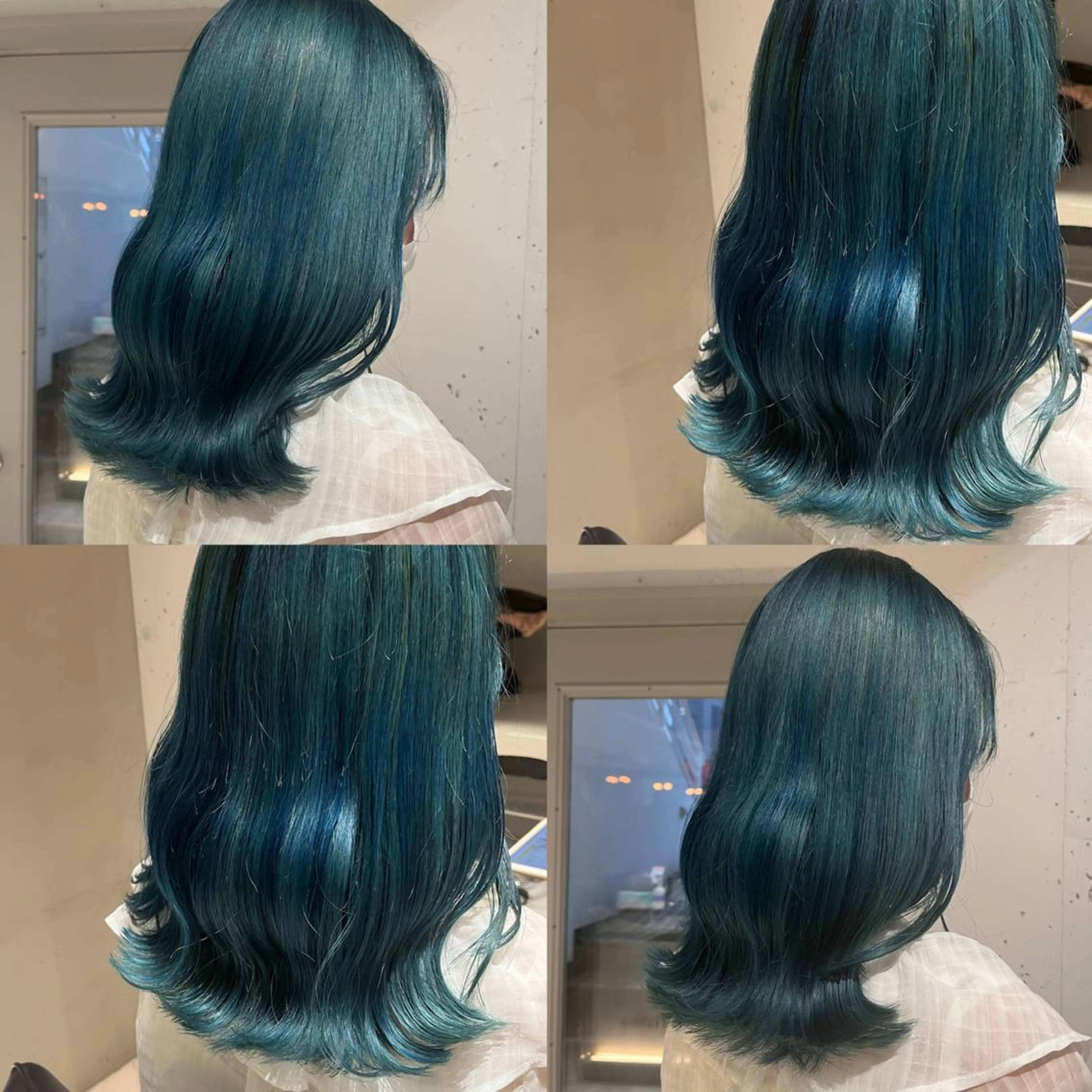 セミロング カラー ブリーチ ブルーカラー 透明感カラー エメラルドグリーン ハイトーンカラー カット ヘアカラー トリートメント ヘッドスパ ヘアセット カジュアルを女っぽく 𝗮𝘆𝗮𝗰𝗼のヘアスタイル