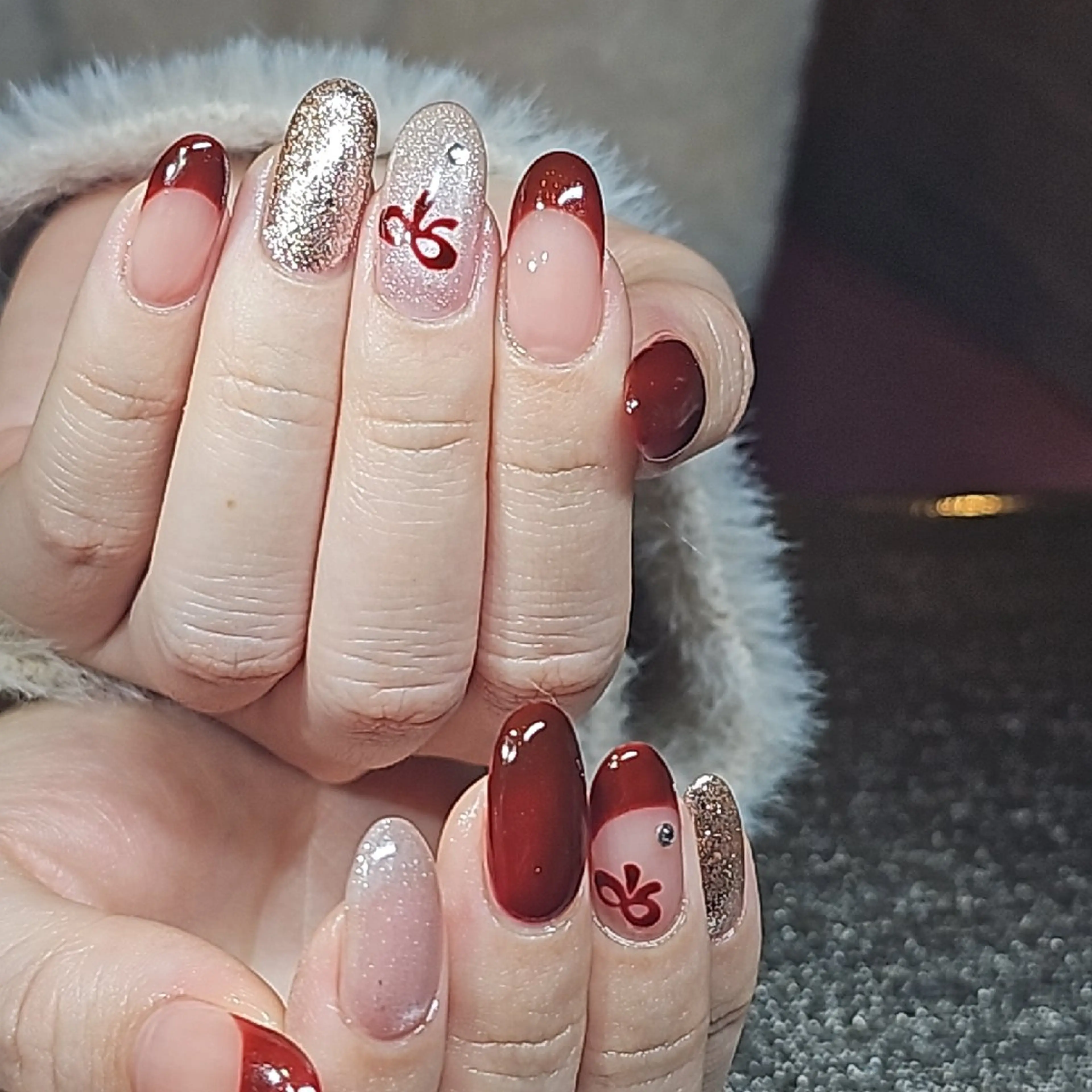 ネイル ボルドー フレンチネイル ラメ(グリッター) マグネットネイル リボン salon de Princess所属・salon de  Princessのネイルデザイン